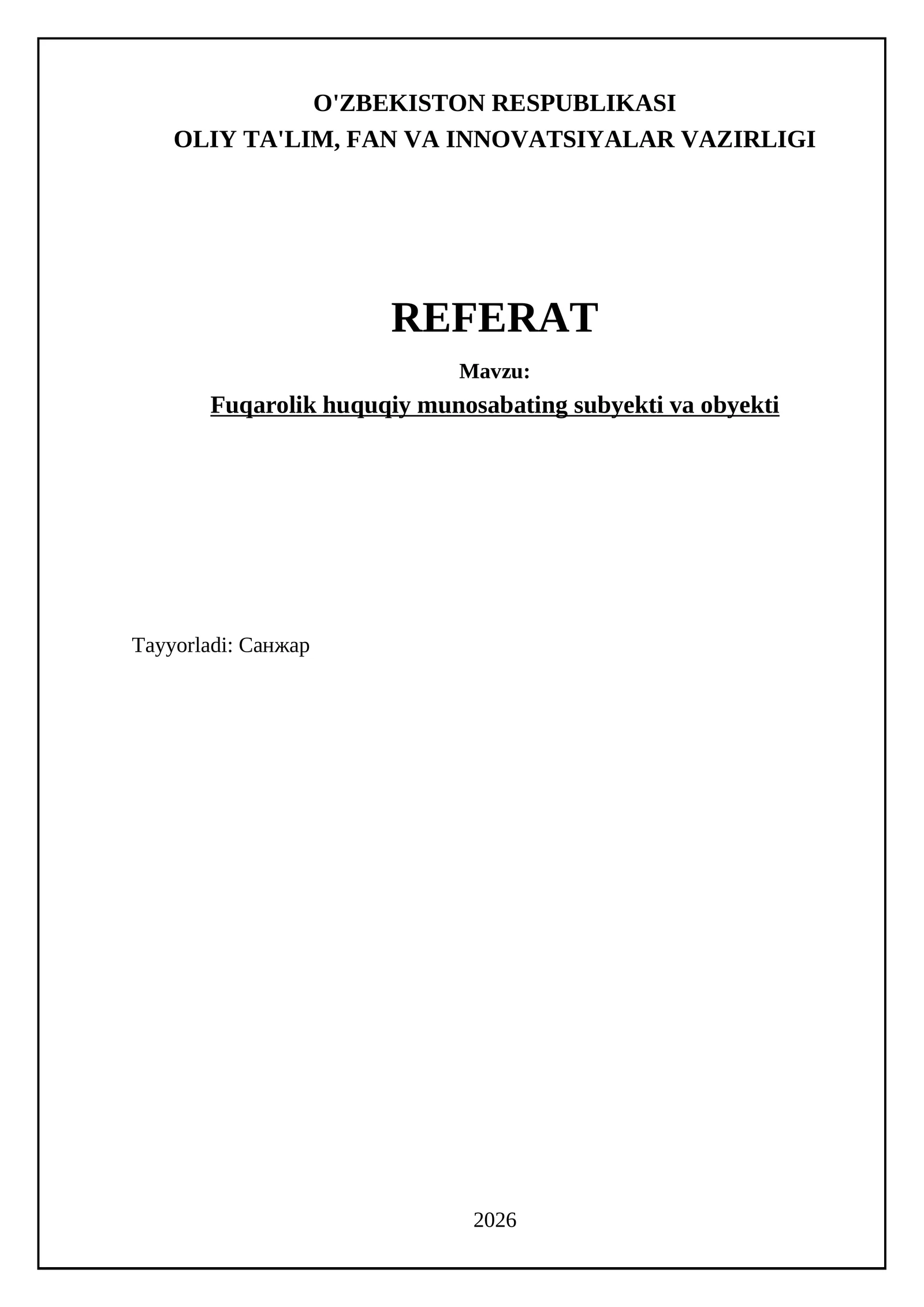 Fuqarolik huquqiy munosabating subyekti va obyekti