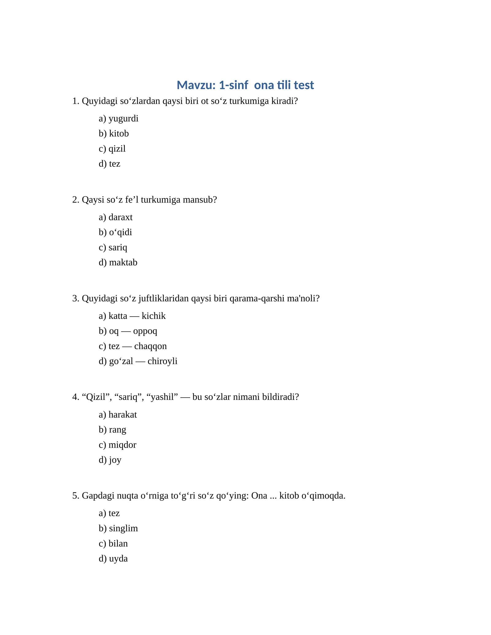 1-sinf ona tili test