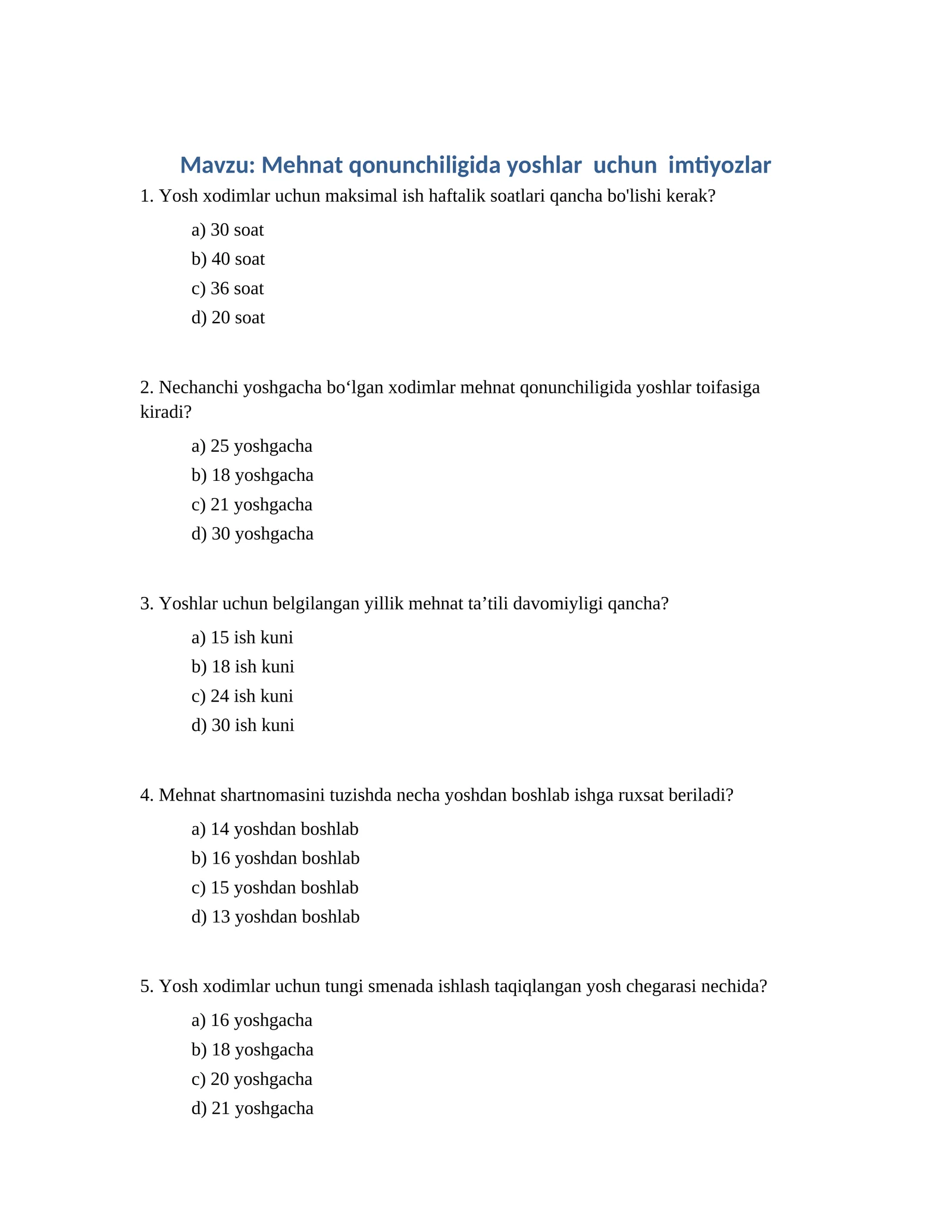 Mehnat qonunchiligida yoshlar uchun imtiyozlar