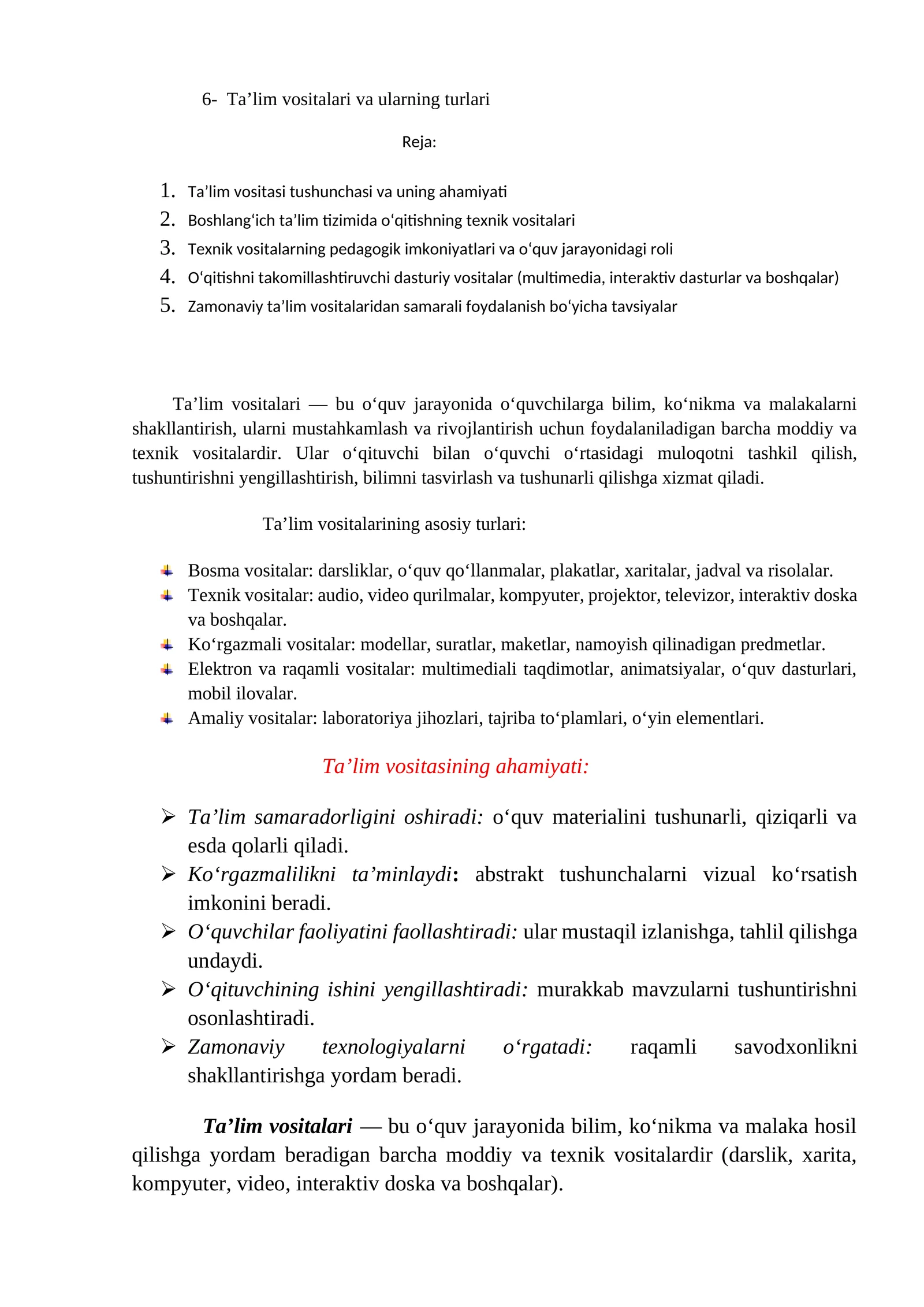 Ta’lim vositalari va ularning turlari