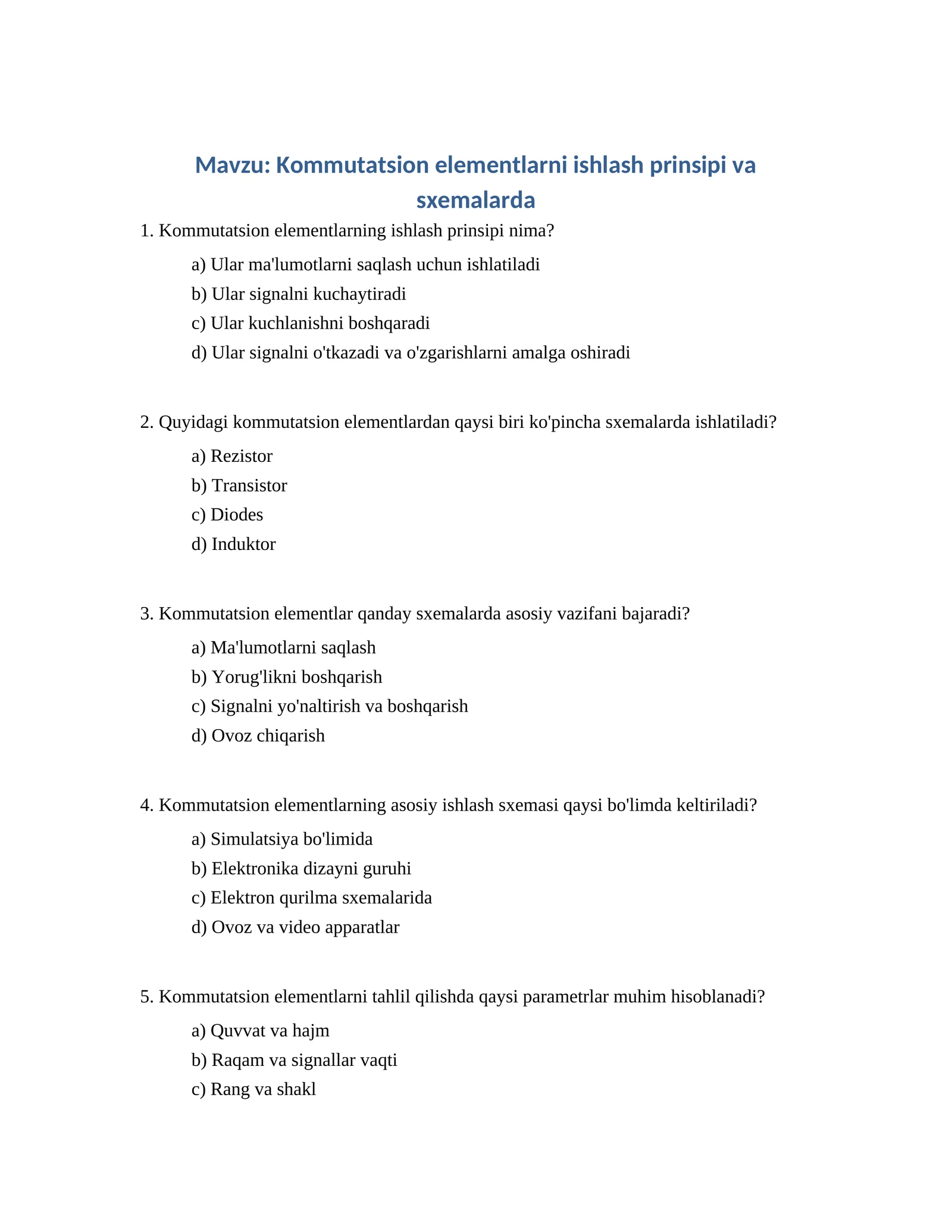 Kommutatsion elementlarni ishlash prinsipi va sxemalarda