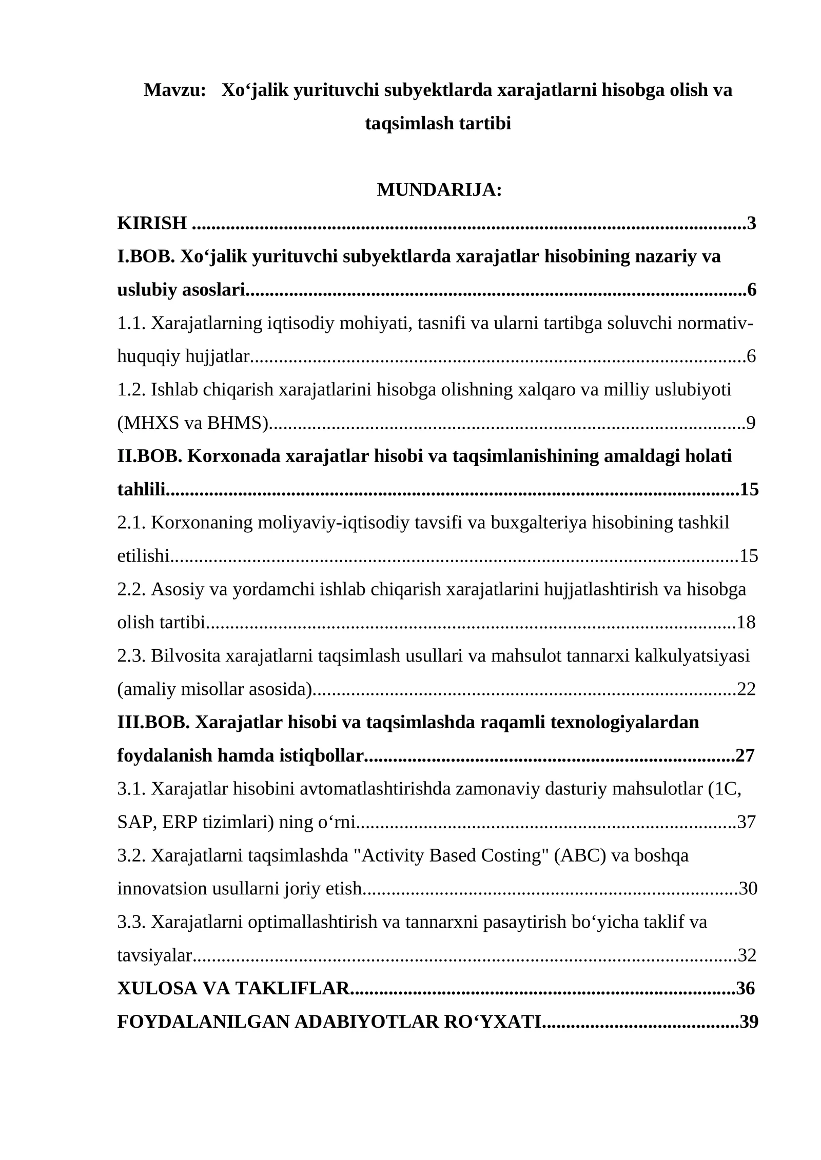 Xo‘jalik yurituvchi subyektlarda xarajatlarni hisobga olish va taqsimlash tartibi