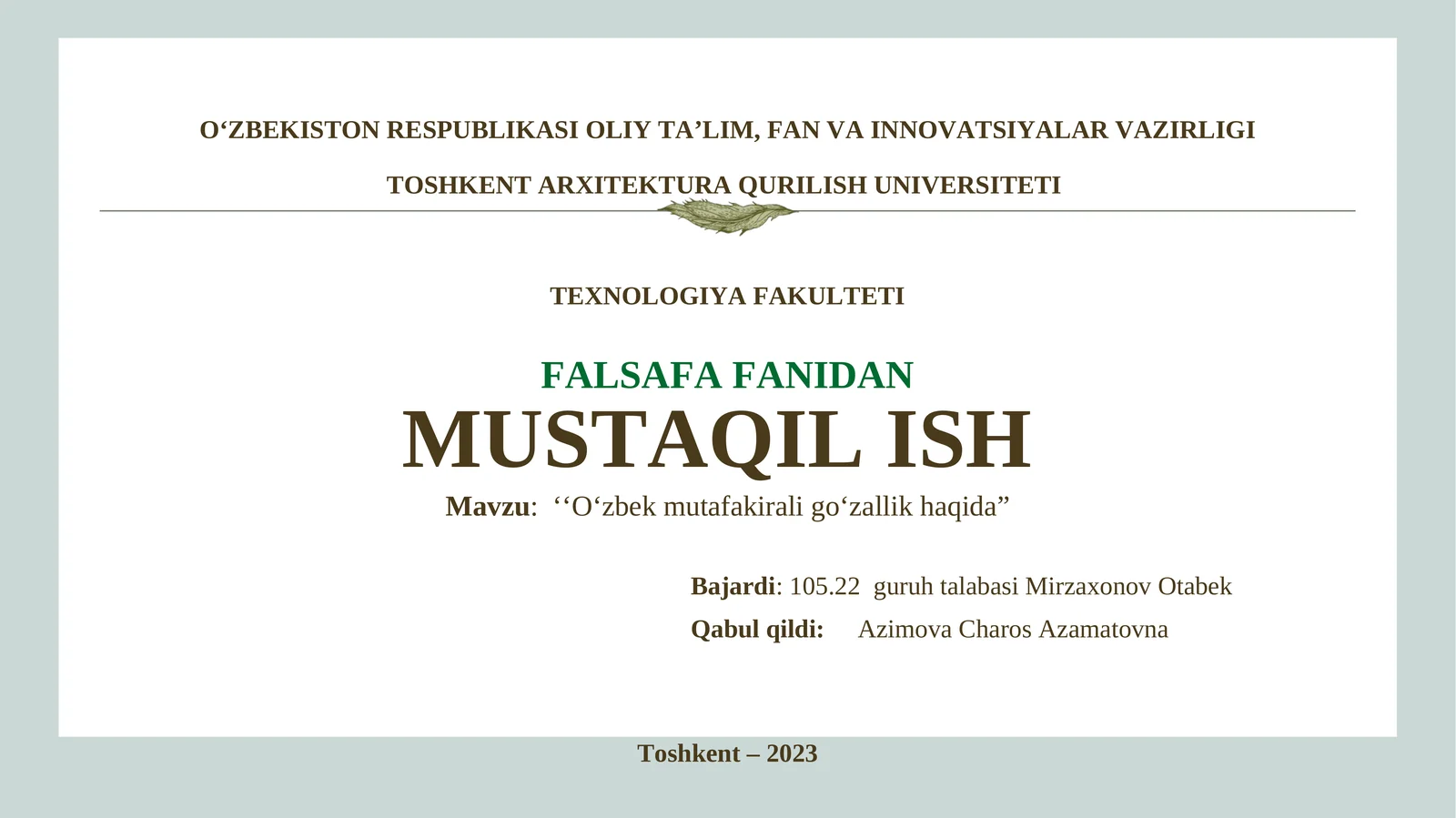 FALSAFA FANIDAN MUSTAQIL ISH