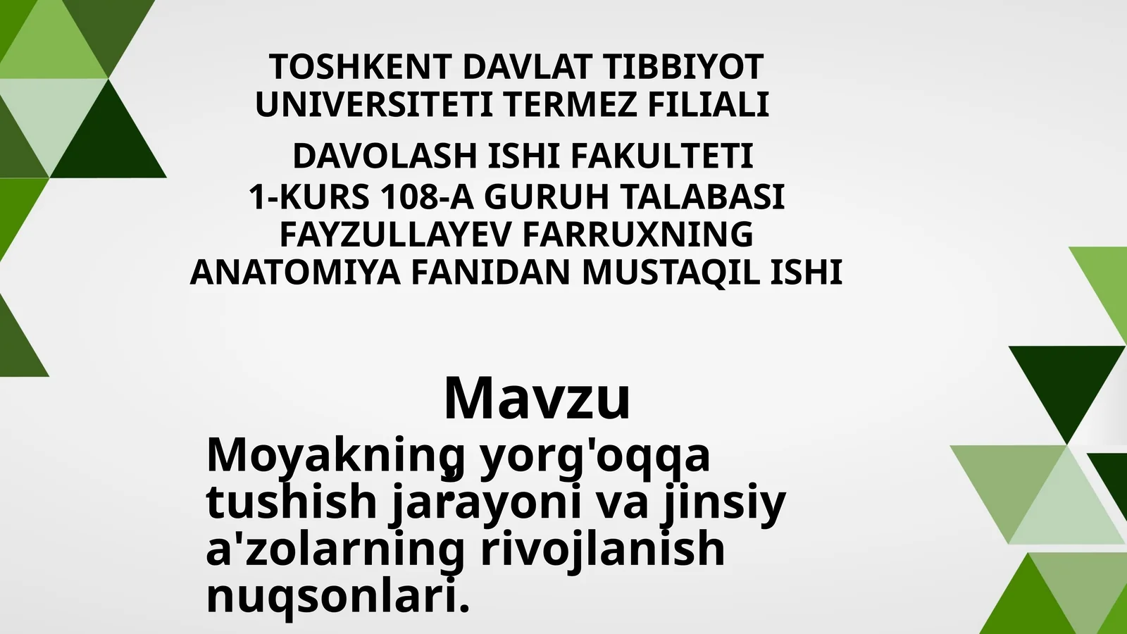 Erkaklar tanosil a'zolari. Ayolar tanosil a'zolari. Ularning yoshga qarab oʻzgarishi. Oraliq topografiyasi tuzilishi, chanoq va tanosil diafragmalari va jinsga nisbatan farqi.