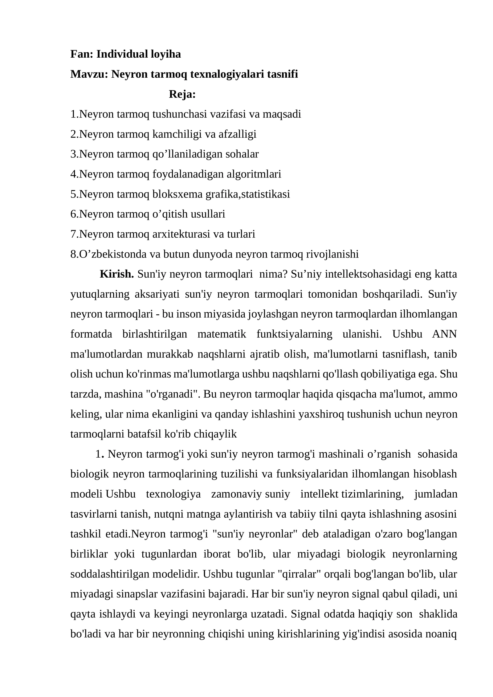 Neyron tarmoq texnalogiyalari tasnifi