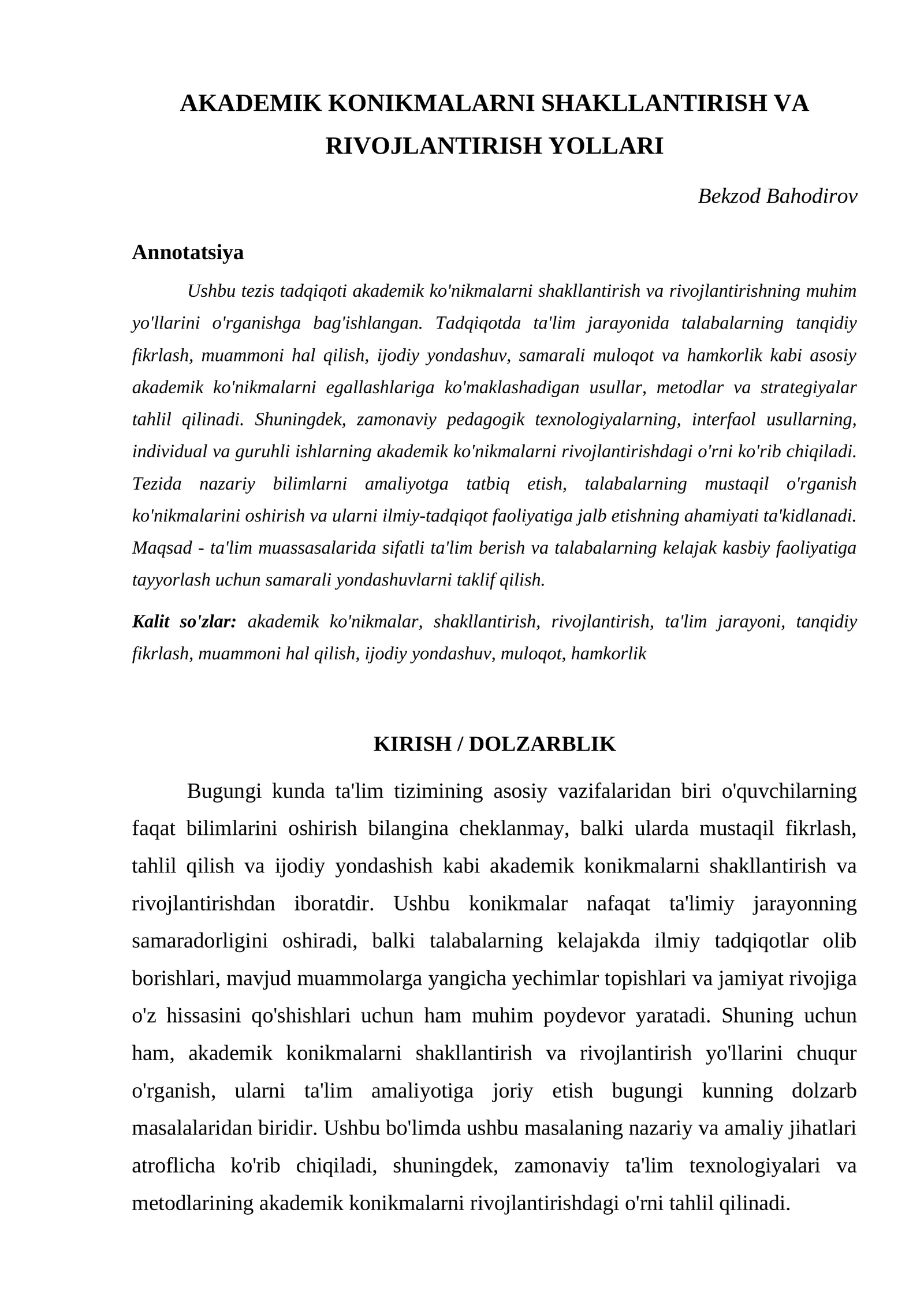 AKADEMIK KONIKMALARNI SHAKLLANTIRISH VA RIVOJLANTIRISH YOLLARI