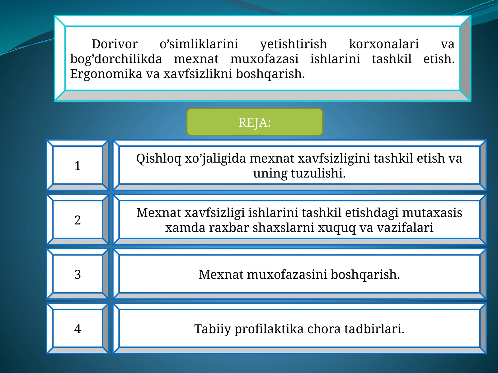 Dorivor o’simliklarini yetishtirish korxonalari va bog’dorchilikda mexnat muxofazasi ishlarini tashkil etish. Ergonomika va xavfsizlikni boshqarish