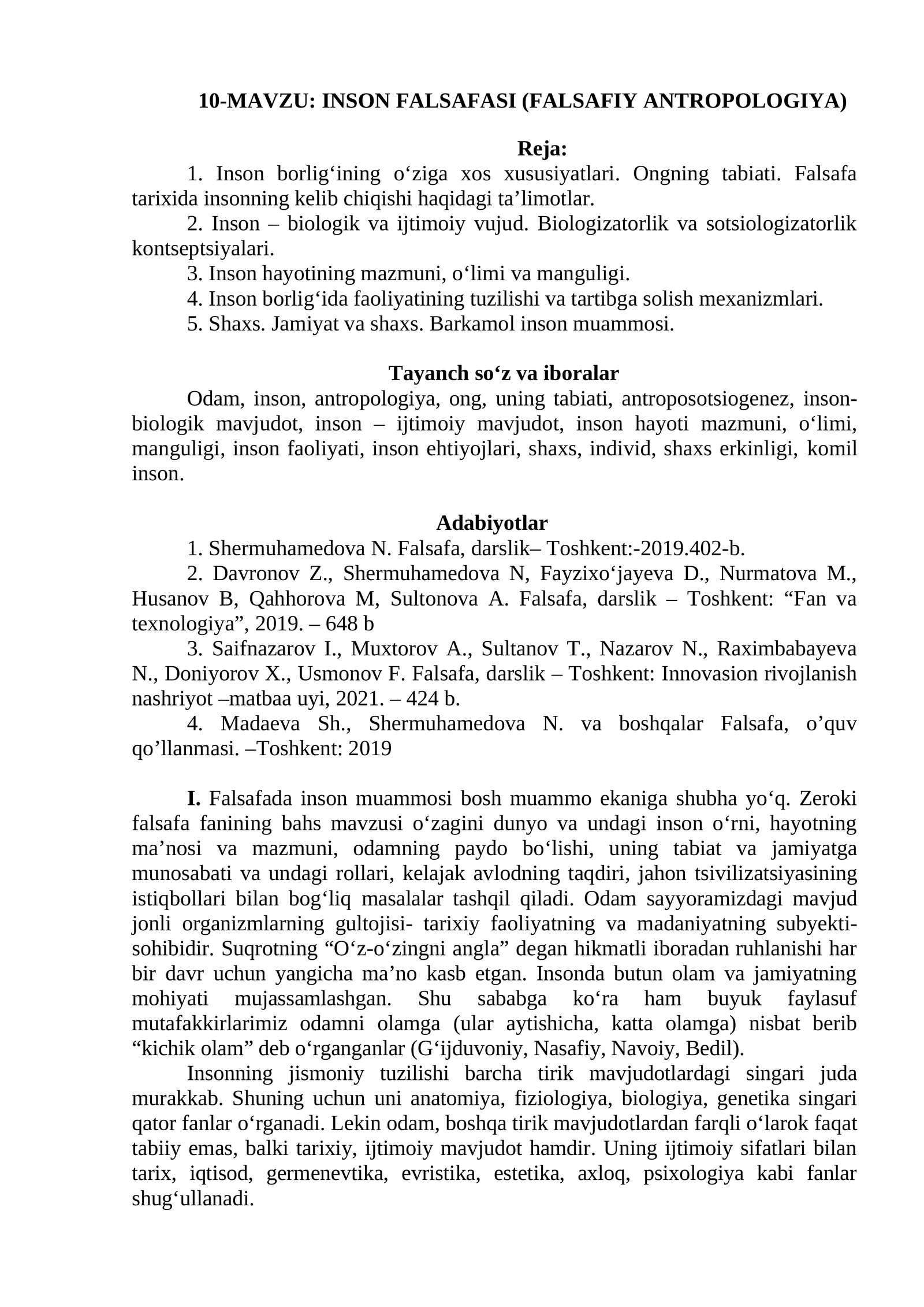 INSON FALSAFASI (FALSAFIY ANTROPOLOGIYA)