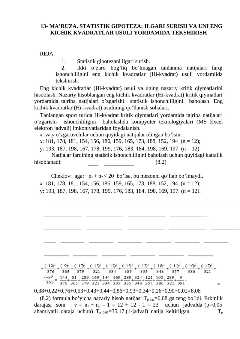 STATISTIK GIPOTEZA: ILGARI SURISH VA UNI ENG KICHIK KVADRATLAR USULI YORDAMIDA TEKSHIRISH