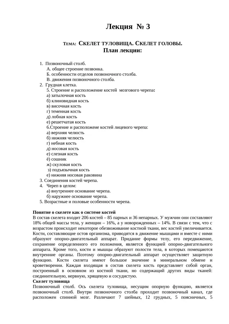 Скелет туловища. Скелет головы