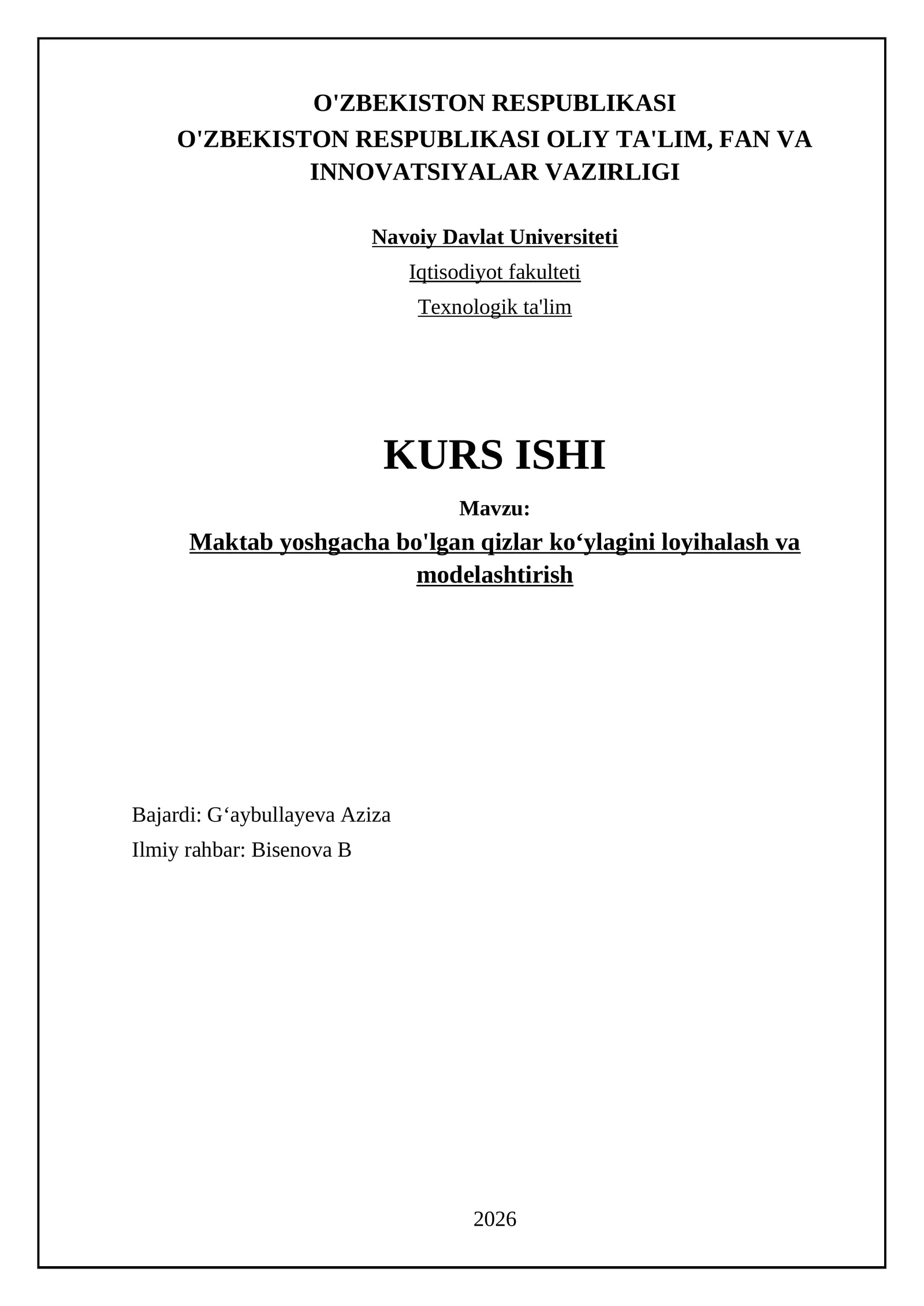 Maktab yoshgacha bo‘lgan qizlar ko‘ylagini loyihalash va modelashtirish
