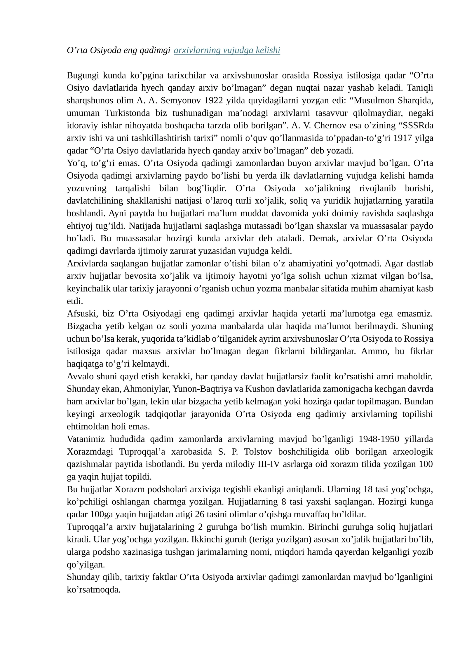O’rta Osiyoda eng qadimgiarxivlarning vujudga kelishi