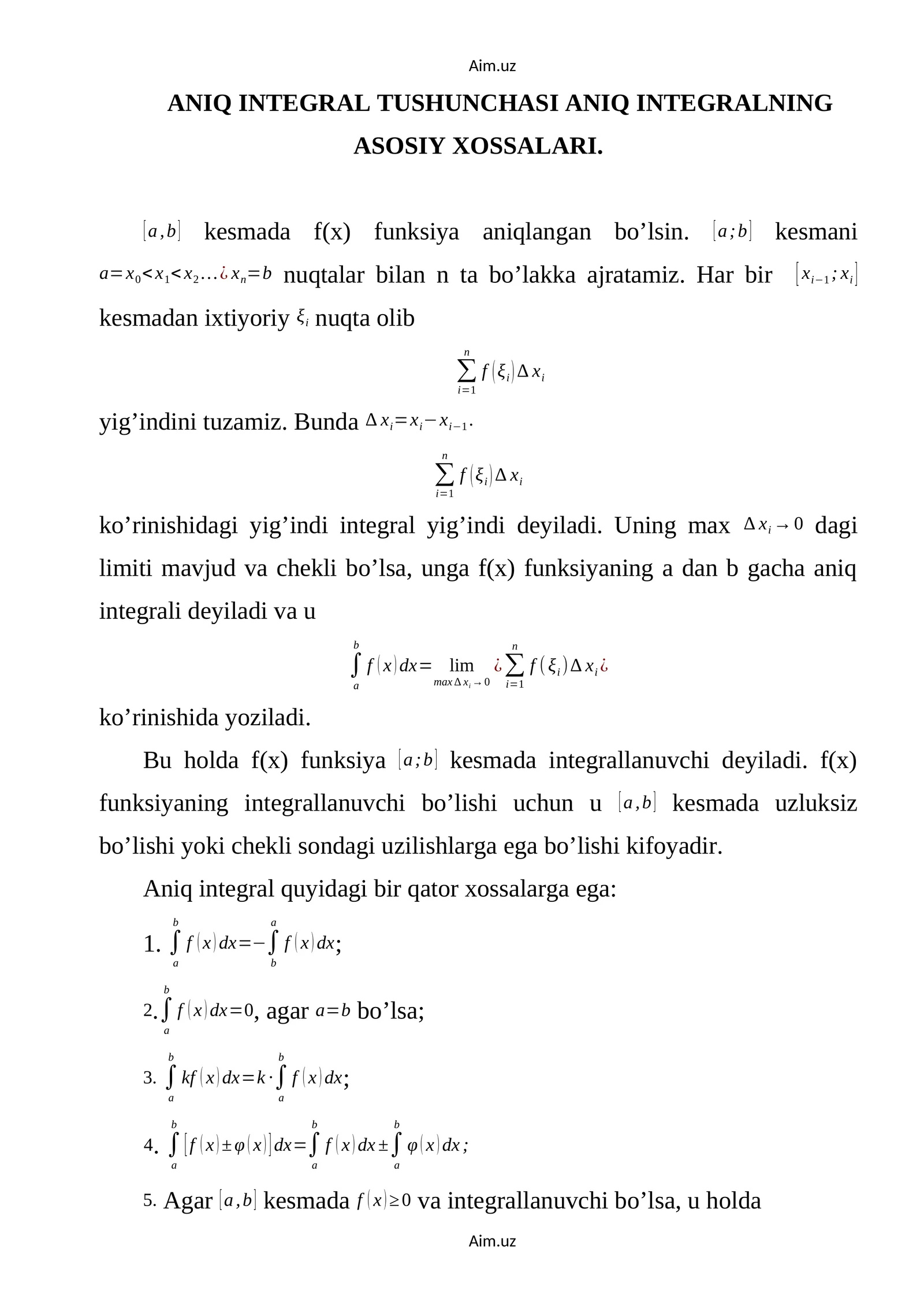 ANIQ INTEGRAL TUSHUNCHASI ANIQ INTEGRALNING ASOSIY XOSSALARI