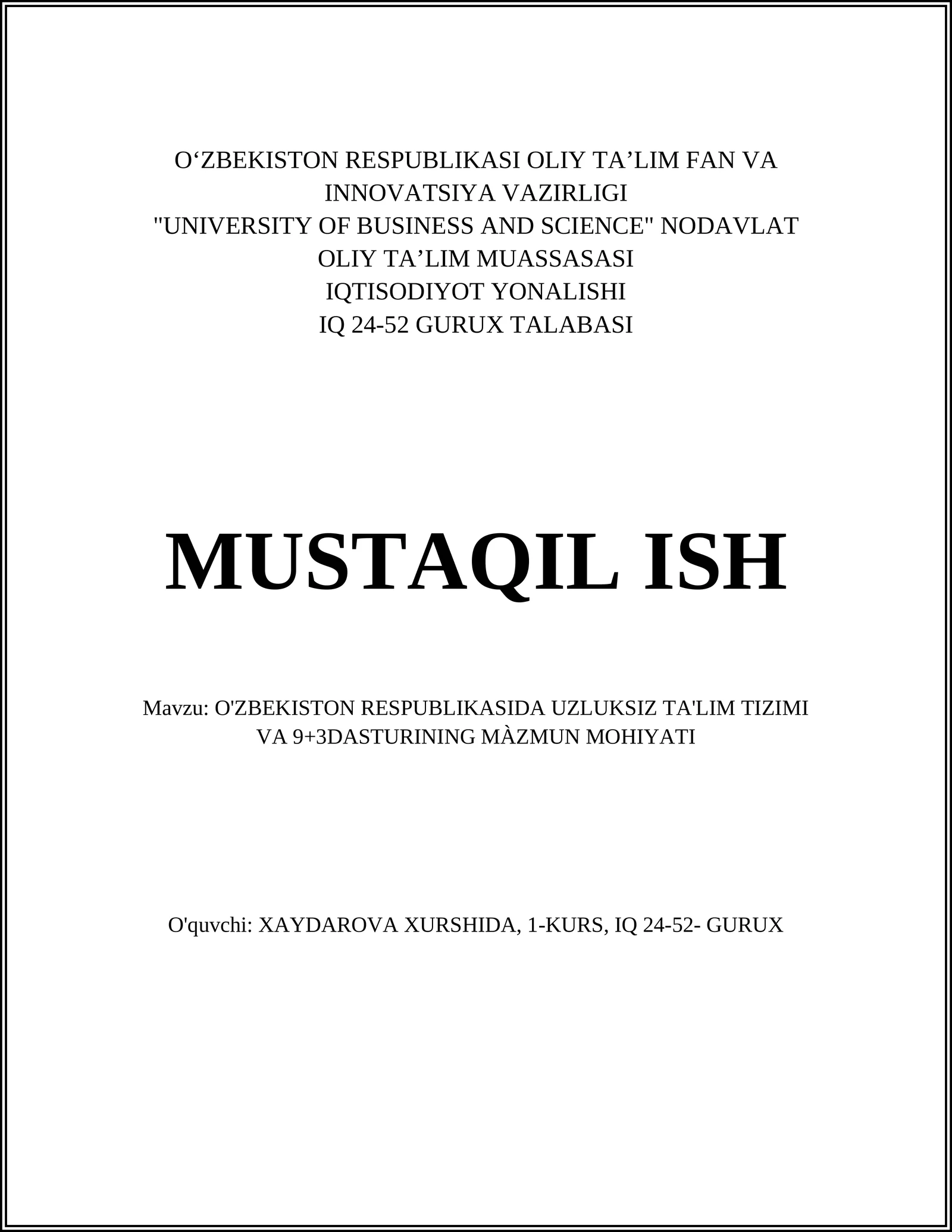 O'zbekiston Respublikasida Uzluksiz Ta'lim Tizimi