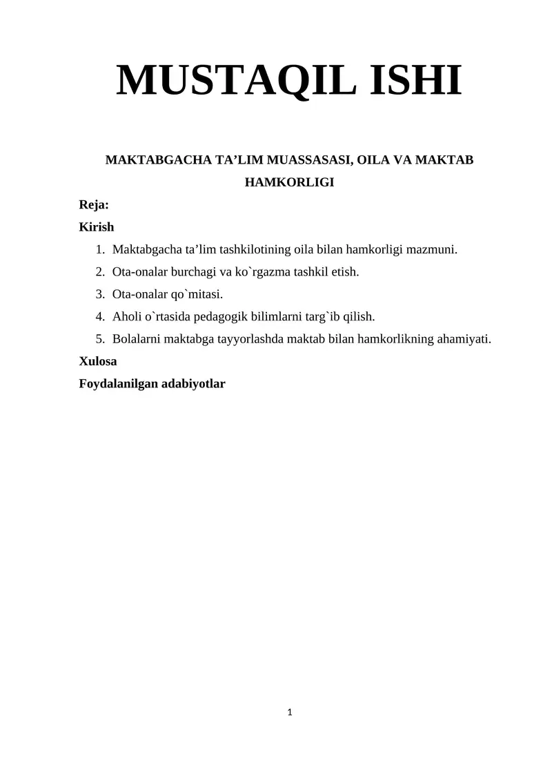 MAKTABGACHA TA’LIM MUASSASASI, OILA VA MAKTAB HAMKORLIGI