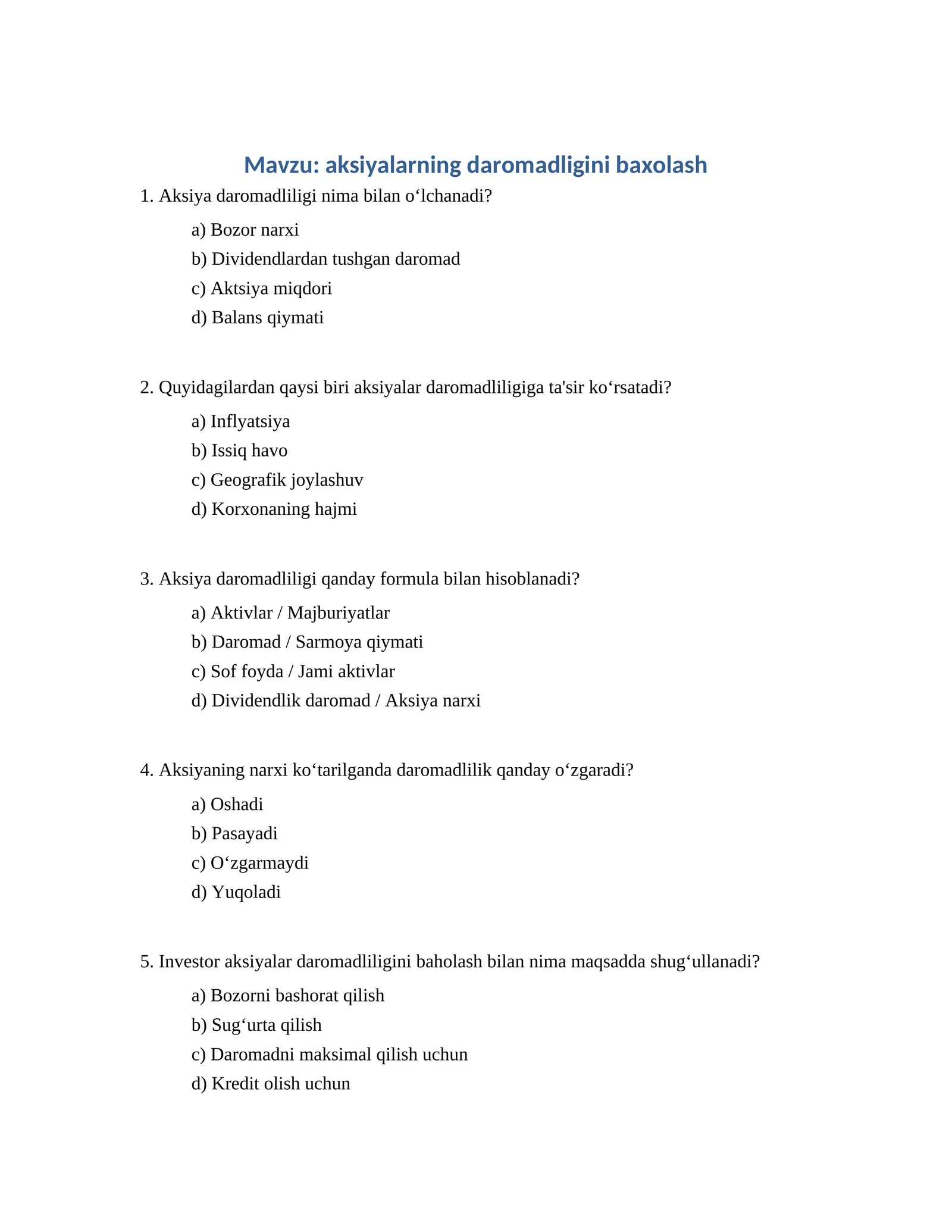 aksiyalarning daromadligini baxolash