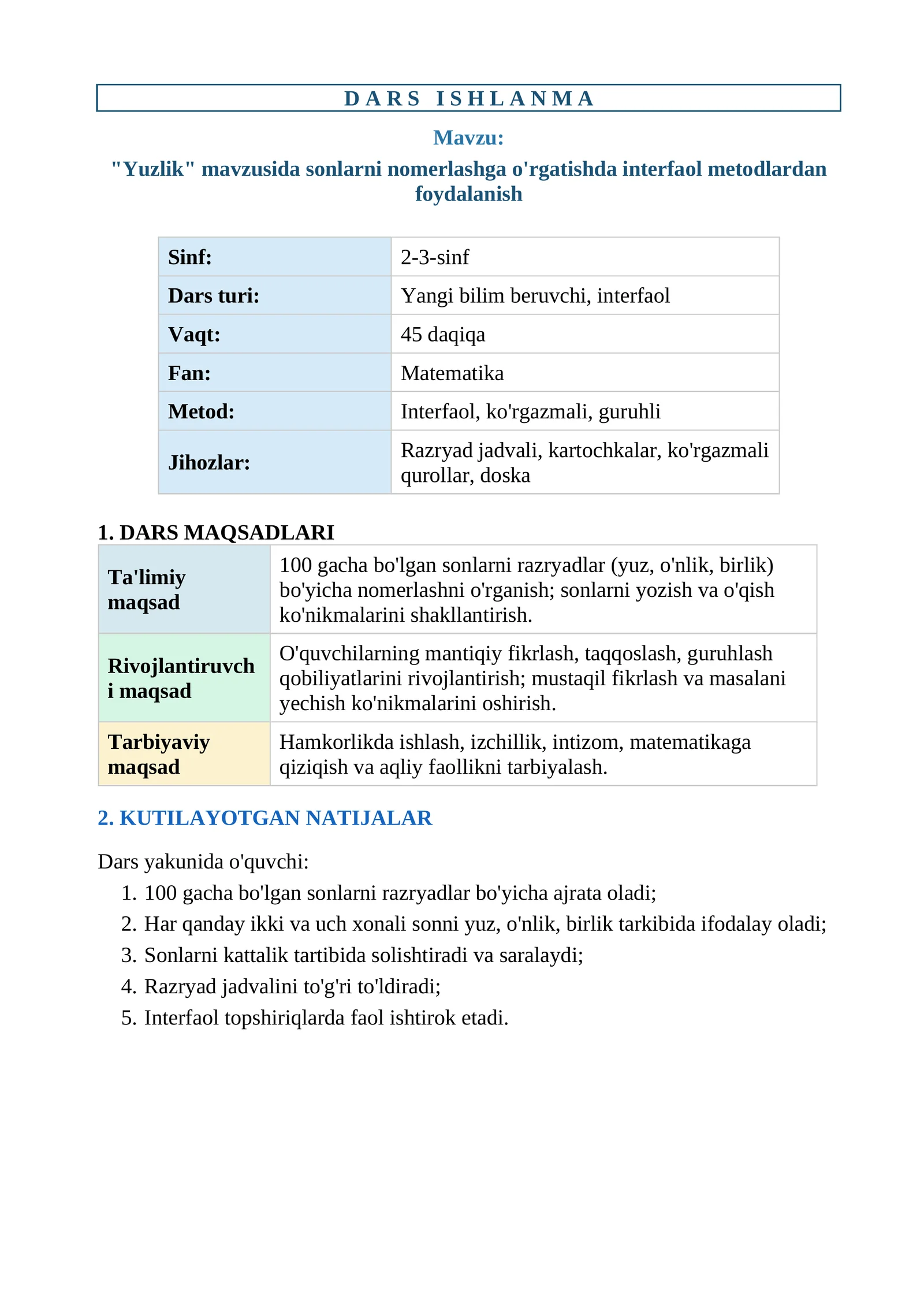 "Yuzlik" mavzusida sonlarni nomerlashga o'rgatishda interfaol metodlardan foydalanish