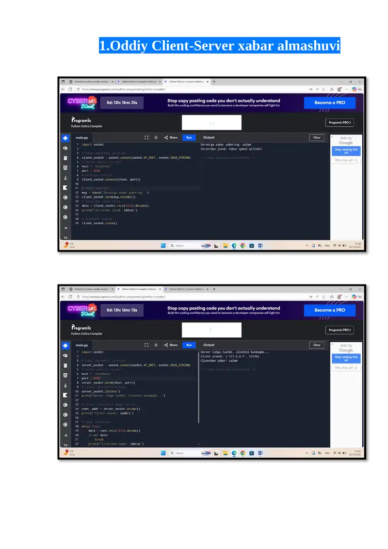 Oddiy Client-Server xabar almashuvi