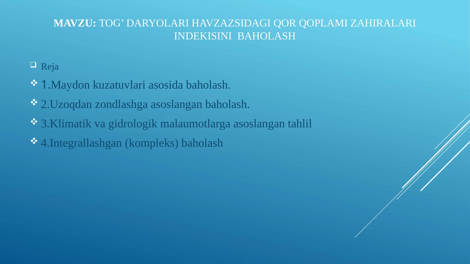 Tog’daryolari havzazsidagi qor qoplamiz ahiralari indeksini BAHOLASH