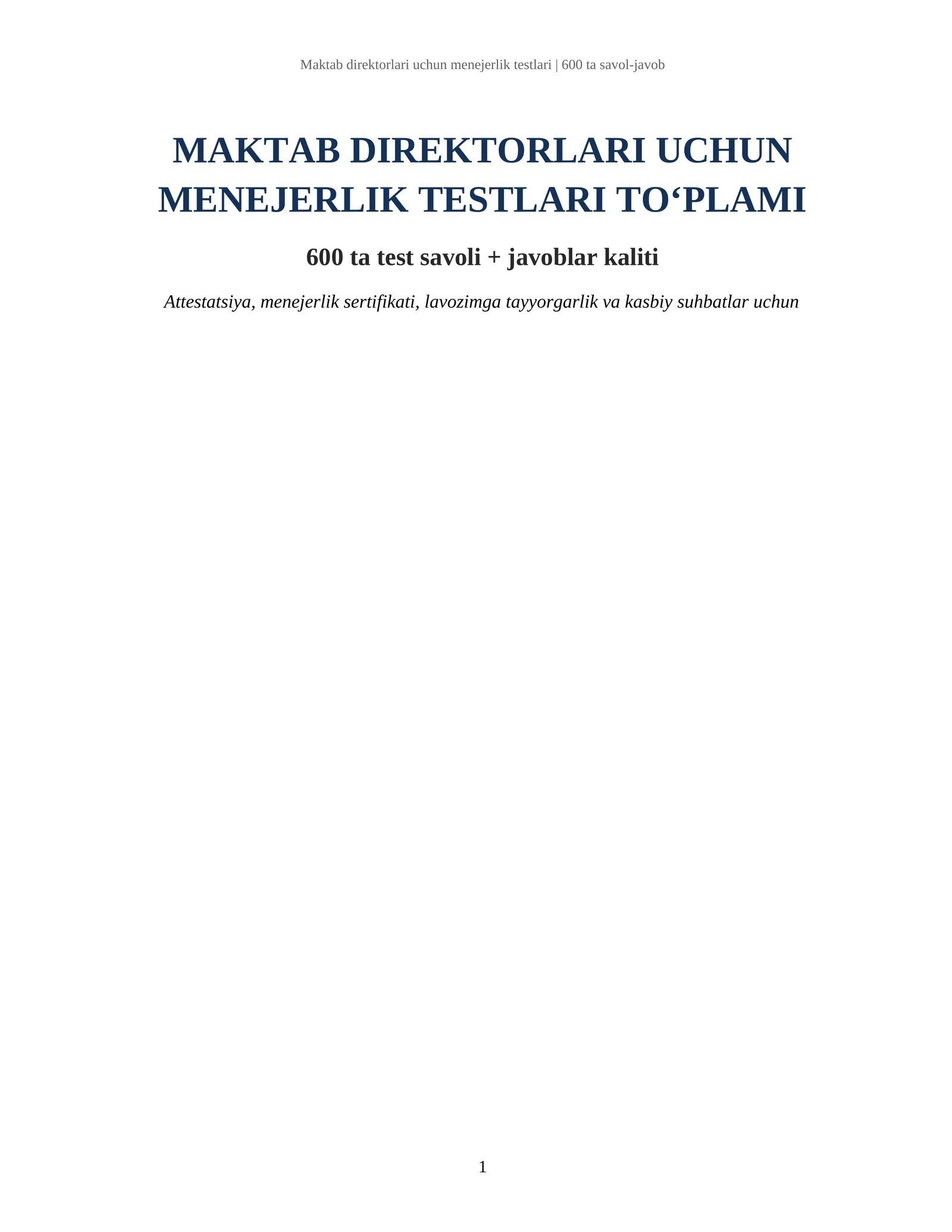 Maktab direktorlari uchun menejerlik testlari | 600 ta savol-javob