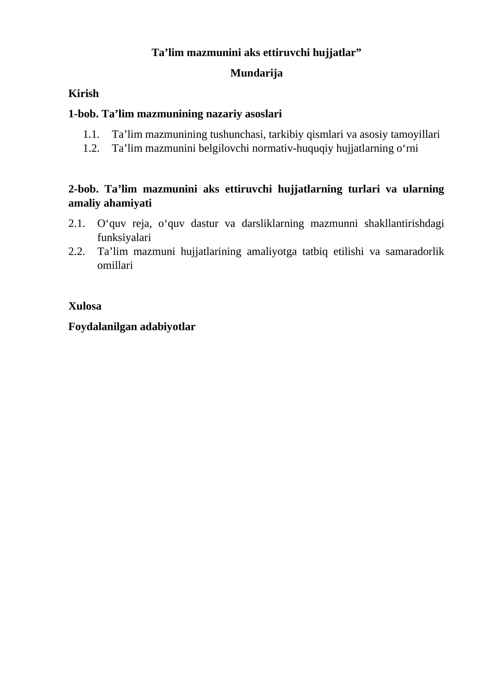 Ta'lim mazmunini aks ettiruvchi hujjatlar