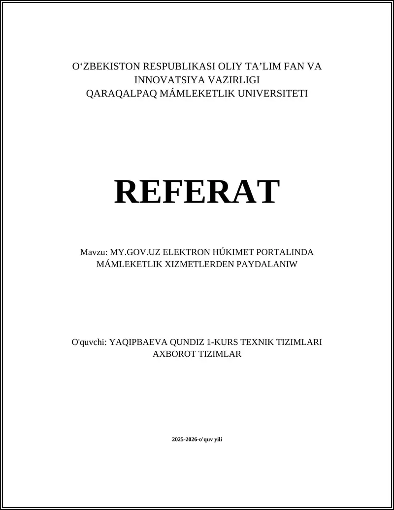 MY.GOV.UZ ELEKTRON HÚKIMET PORTALINDA MÁMLEKETLIK XIZMETLERDEN PAYDALANIW