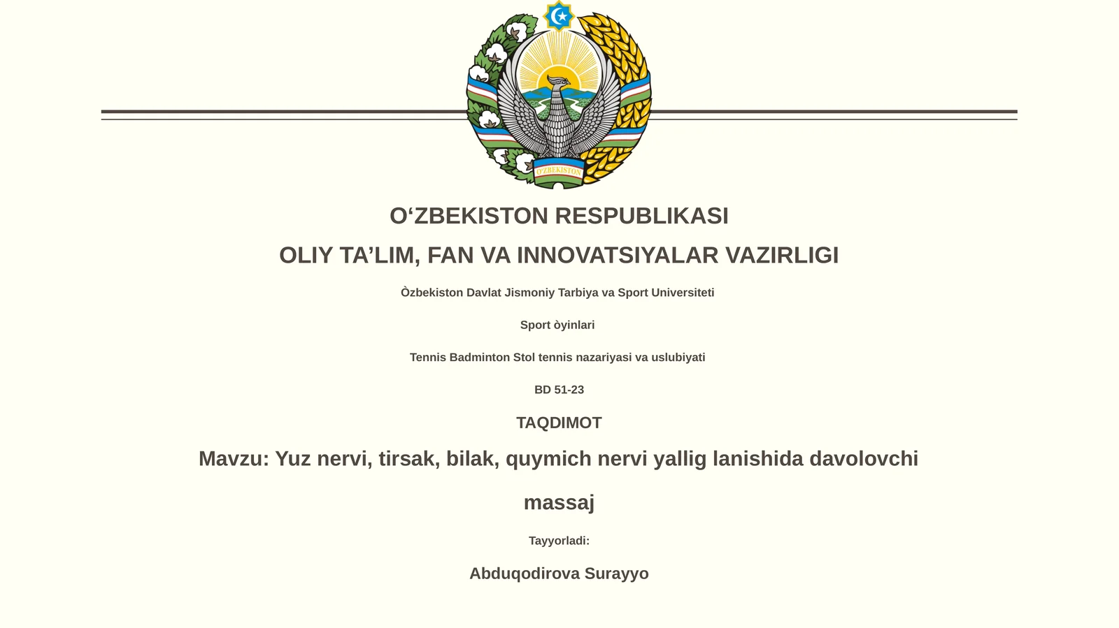 Yuz nervi, tirsak, bilak, quymich nervi yallig lanishida davolovchi massaj