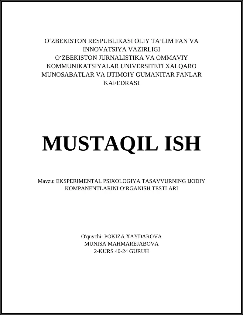 EKSPERIMENTAL PSIXOLOGIYA TASAVVURNING IJODIY KOMPANENTLARINI OʻRGANISH TESTLARI