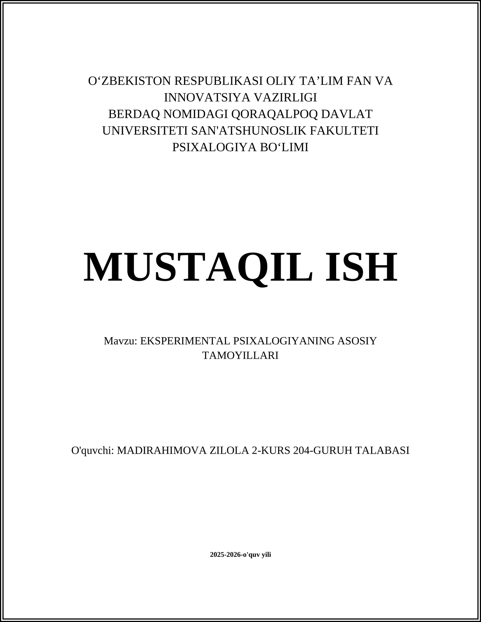 EKSPERIMENTAL PSIXALOGIYANING ASOSIY TAMOYILLARI