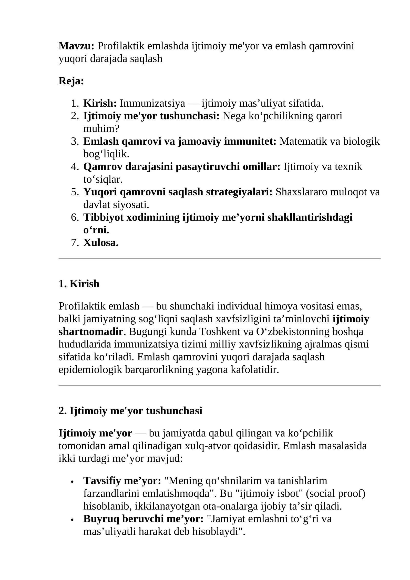 Profilaktik emlashda ijtimoiy me'yor va emlash qamrovini yuqori darajada saqlash