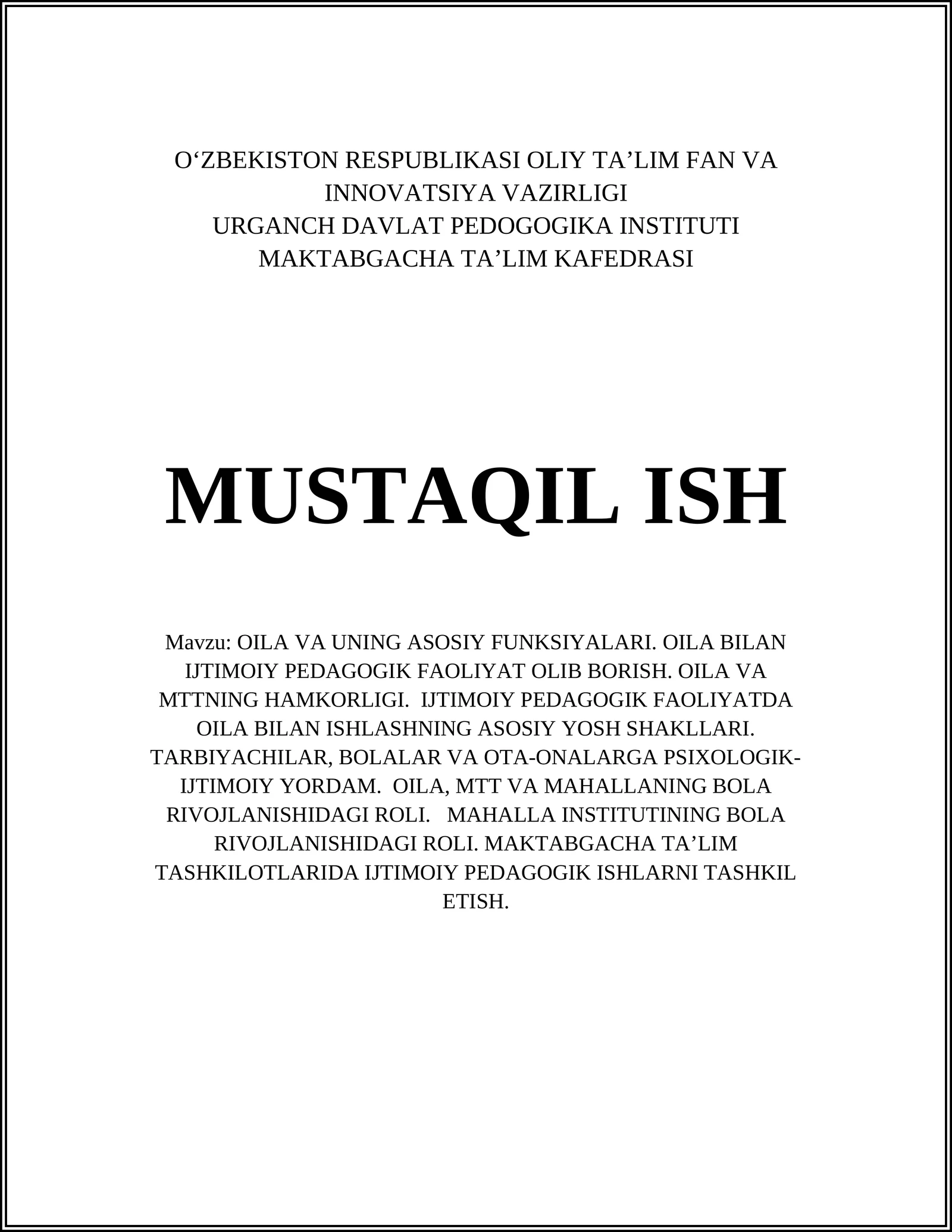 Oila tuzilishi va uning asosiy funksiyalari