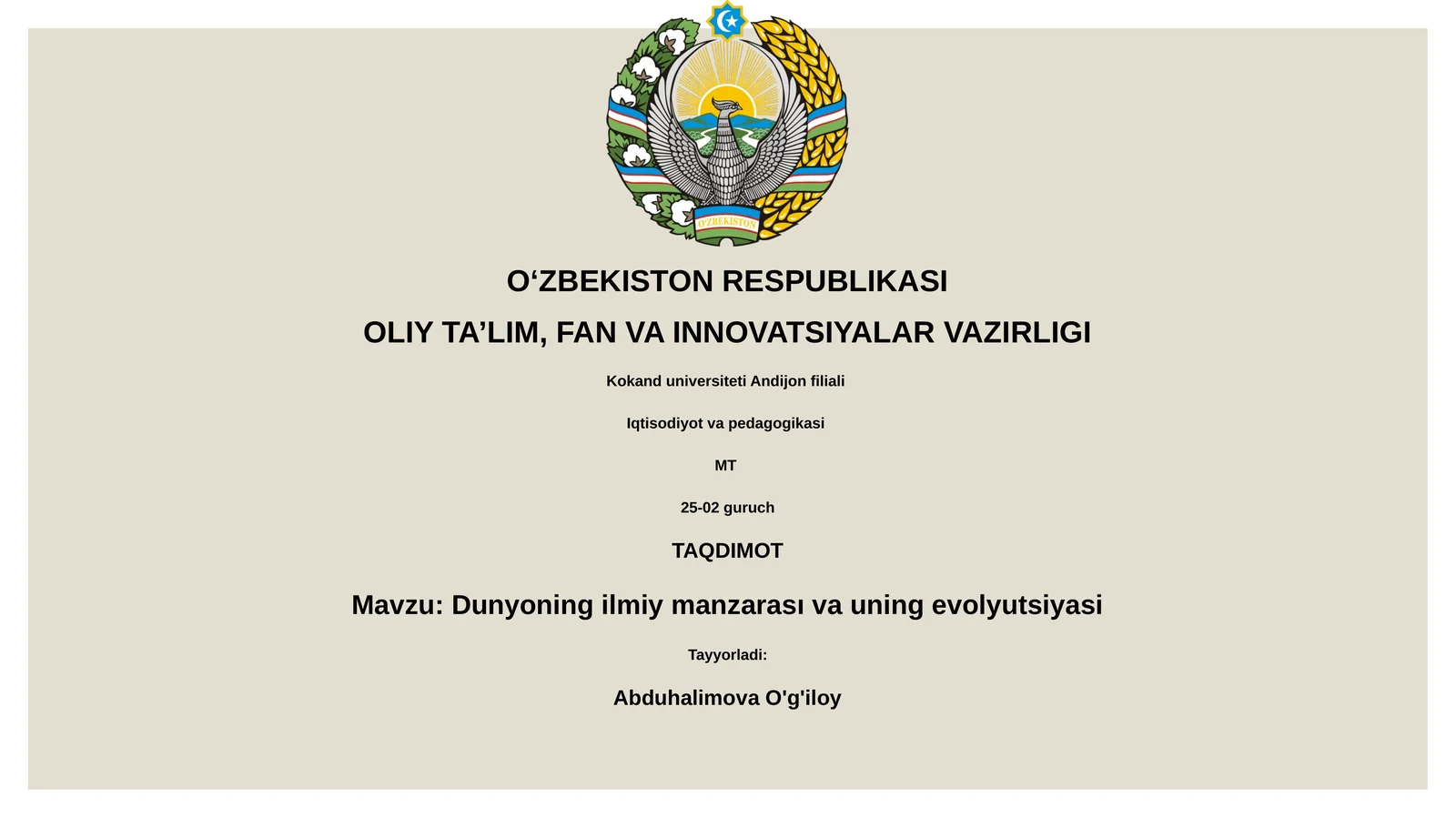 Dunyoning ilmiy manzarası va uning evolyutsiyasi