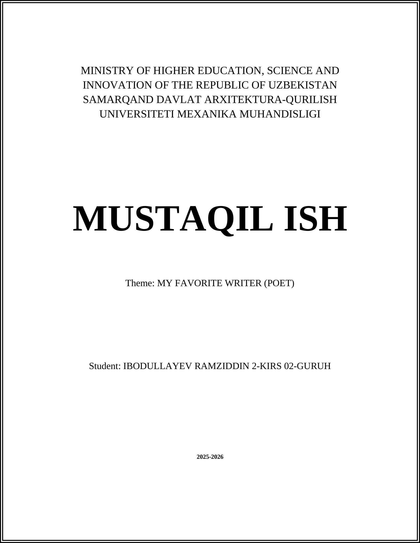 Mavzu: SEVUVOR SHOIRIM (SHOIR)