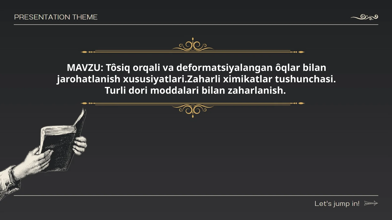 Tôsiq orqali va deformatsiyalangan ôqlar bilan jarohatlanish xususiyatlari.Zaharli ximikatlar tushunchasi. Turli dori moddalari bilan zaharlanish.Ôz R,,Fuqarolar soğliğini saqlash tôğrisidagai" Qonun