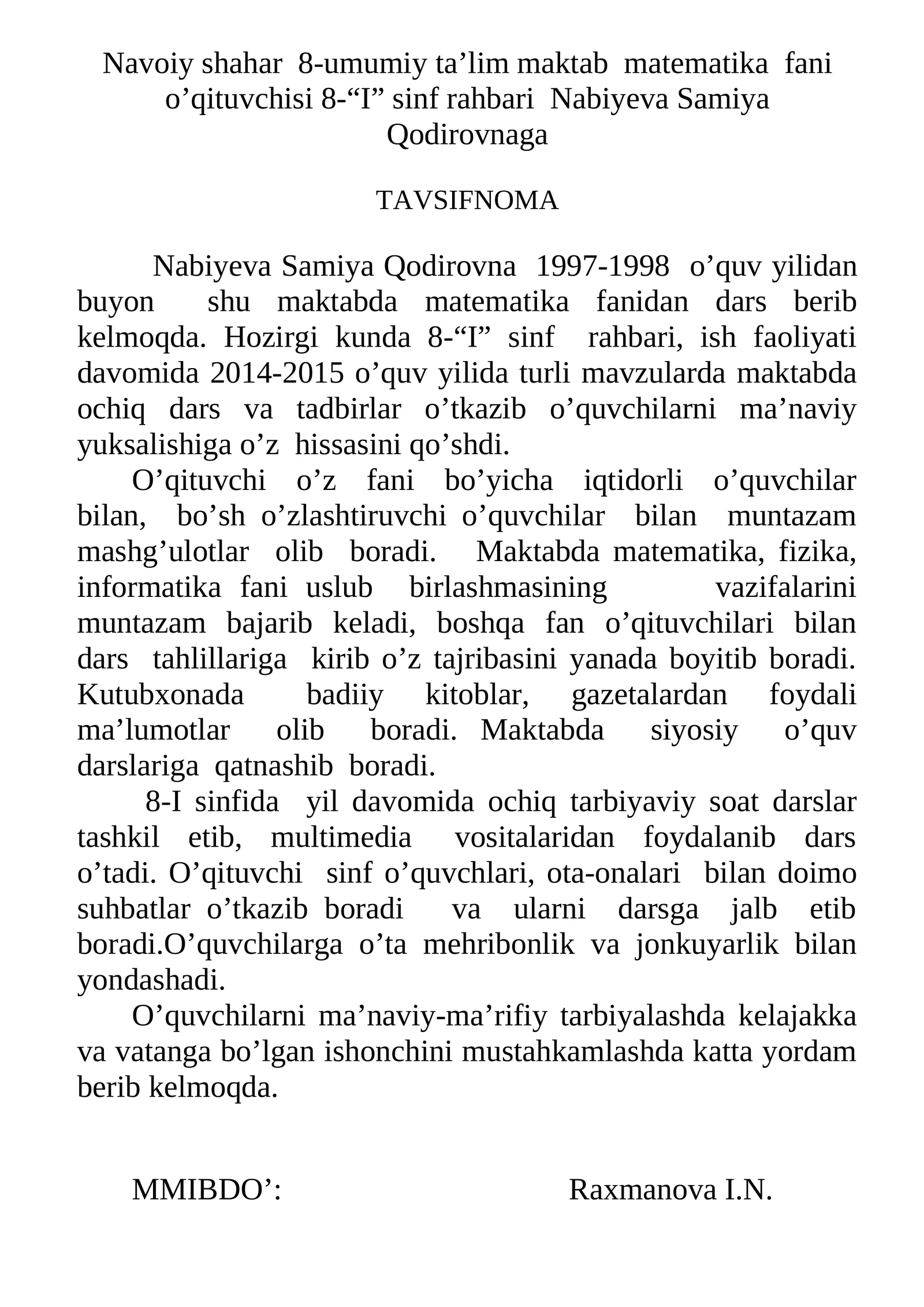 O'qituvchilarga tavsifnoma namunasi