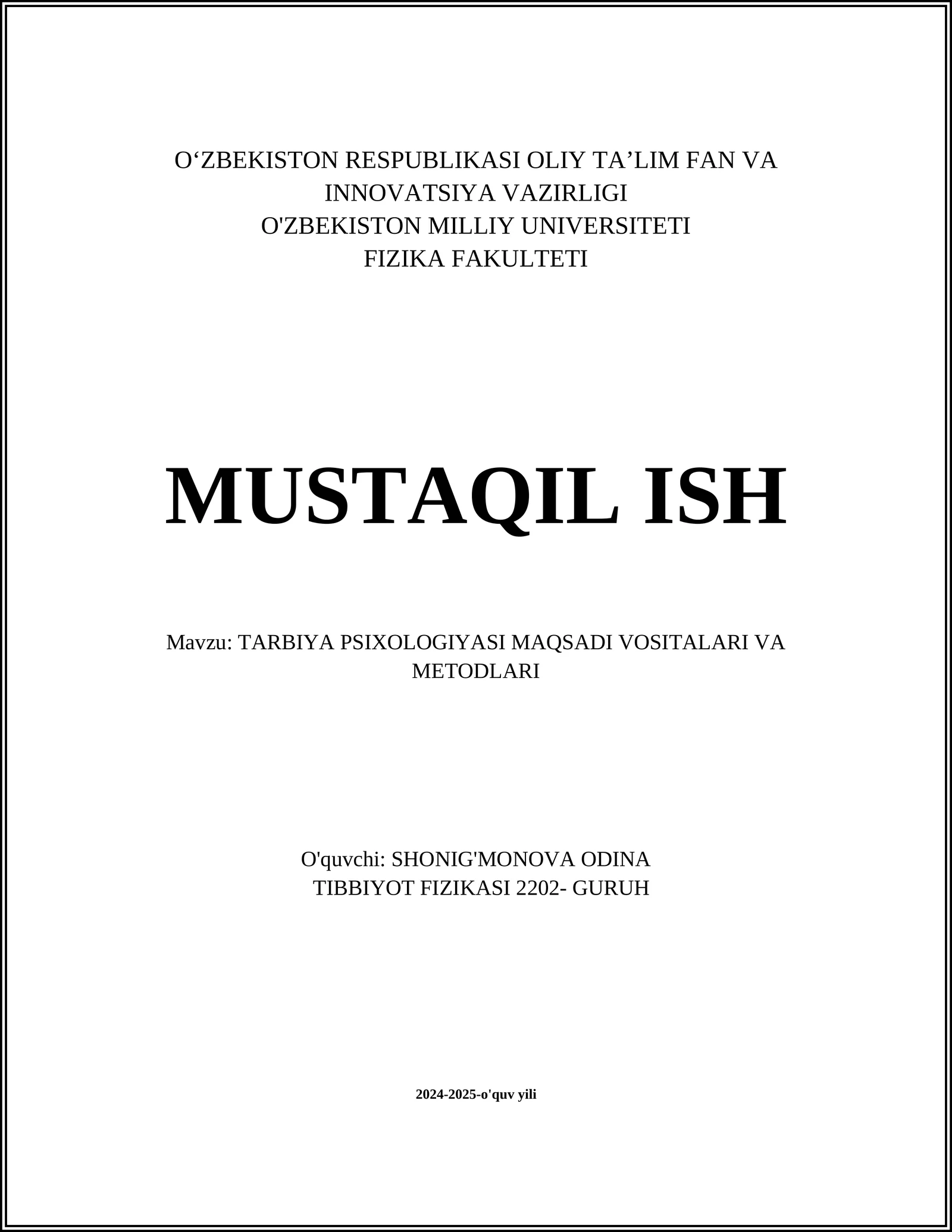 TARBIYA PSIXOLOGIYASI MAQSADI VOSITALARI VA METODLARI