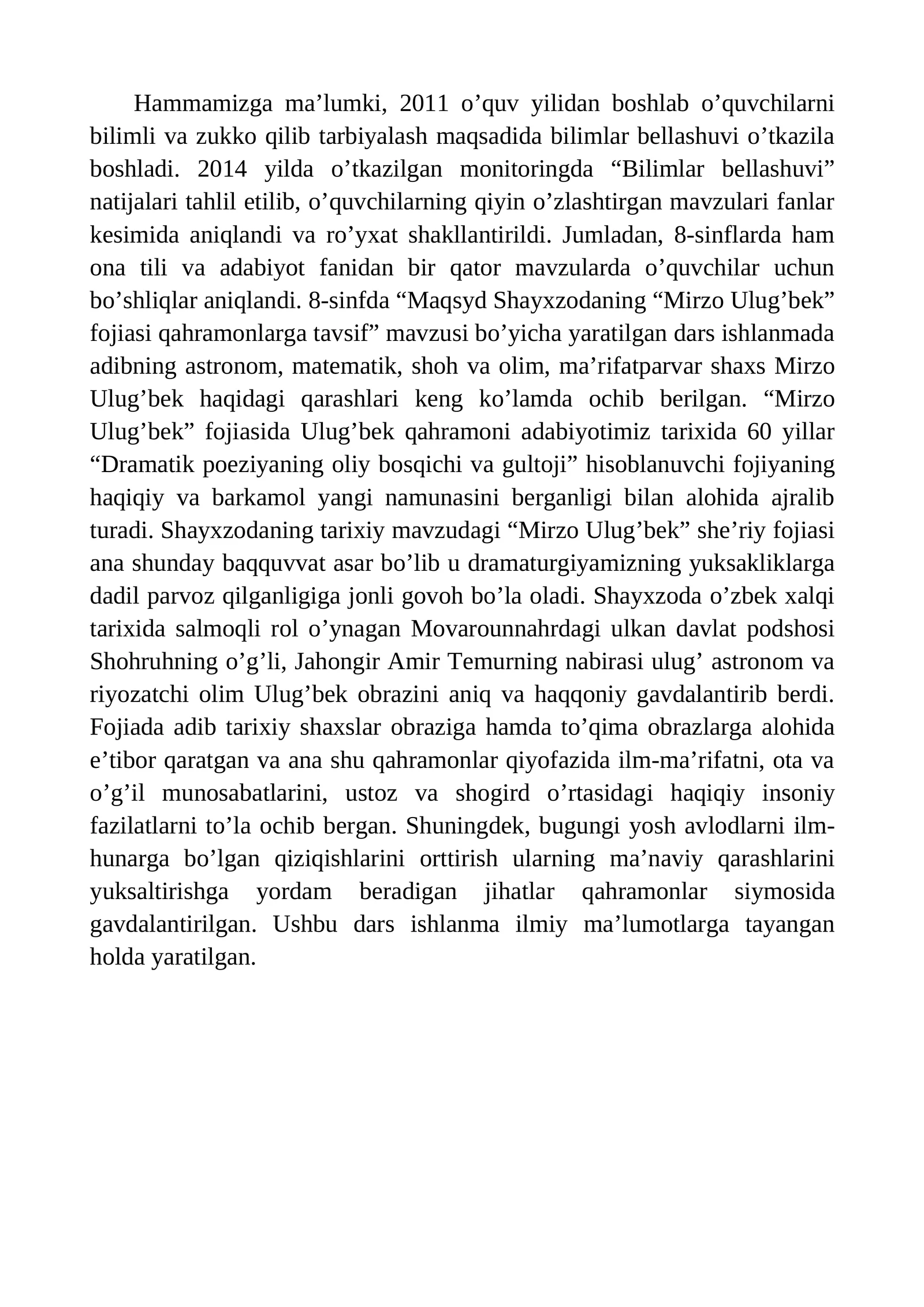 Maqsyd Shayxzodaning “Mirzo Ulug’bek” fojiasi qahramonlarga tavsif