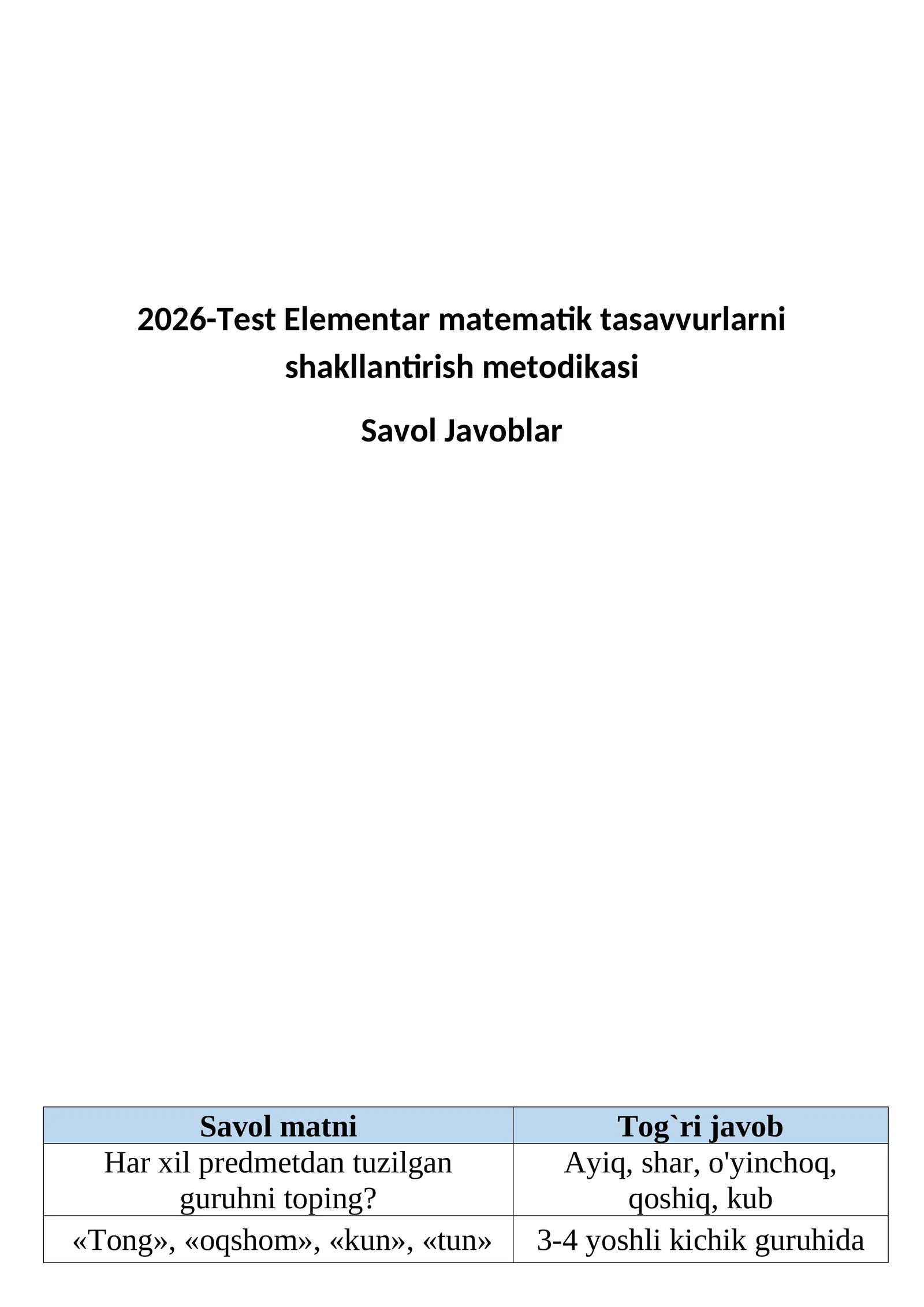 Elementar matematika test 200 Savol Javobibilan