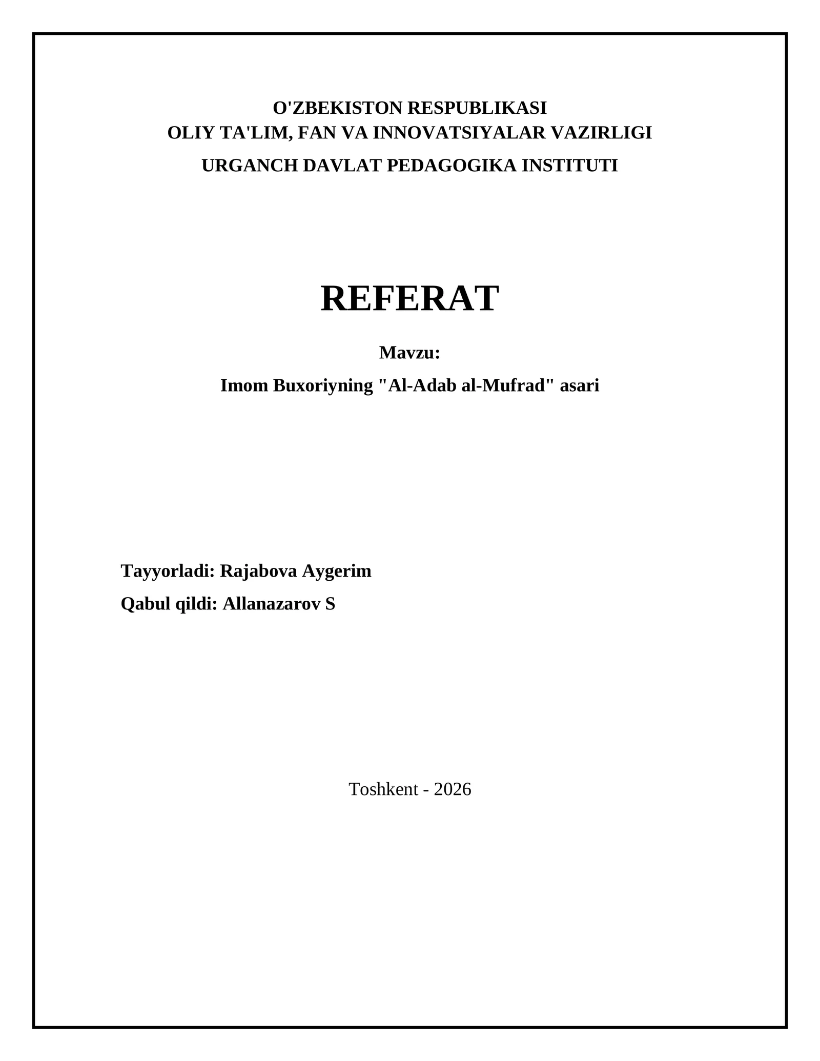 Imom Buxoriyning "Al-Adab al-Mufrad" asari