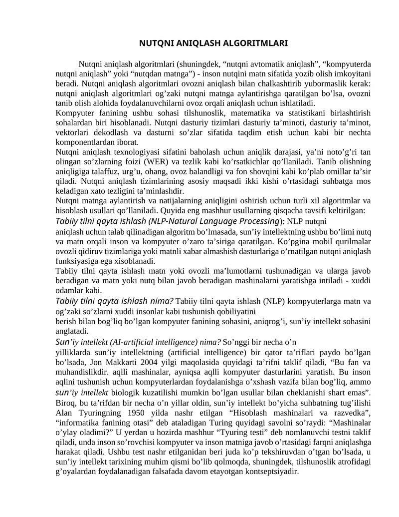 Nutqni aniqlash algoritmlari