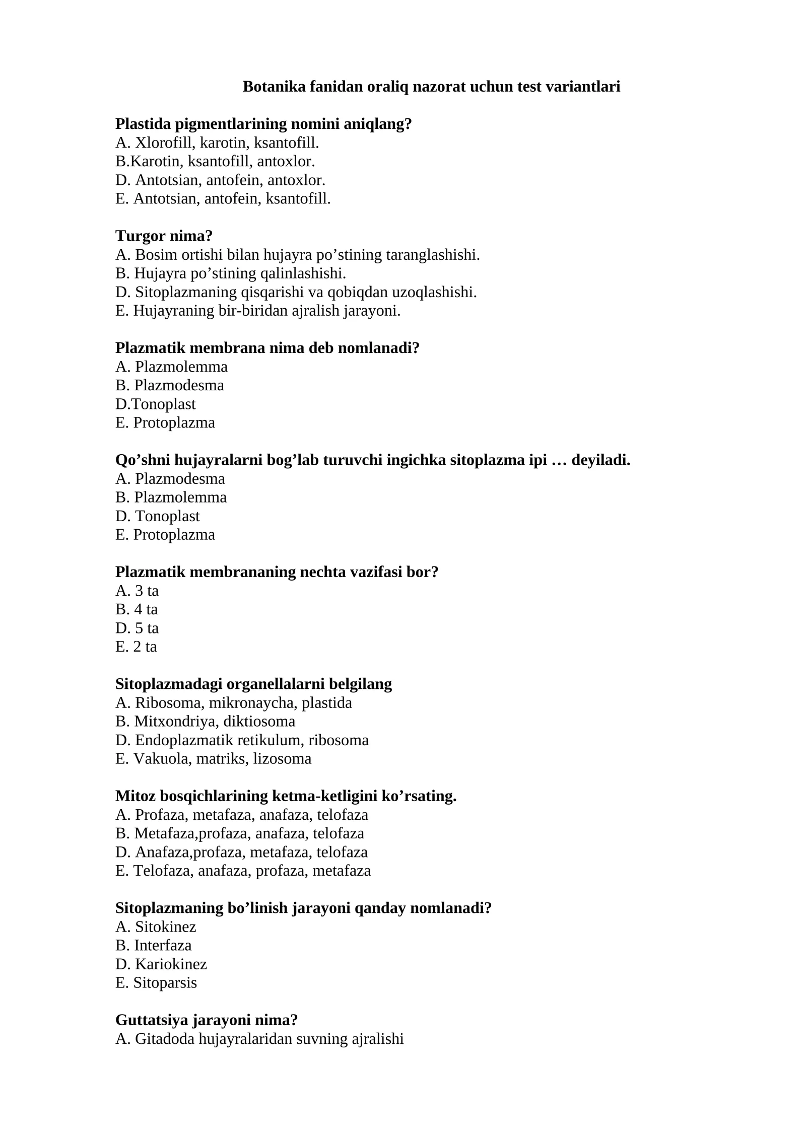 Botanika fanidan oraliq nazorat uchun test variantlari