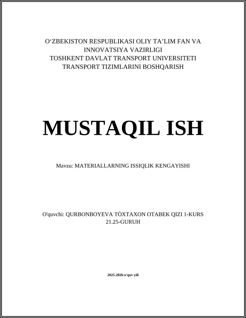 MATERIALLARNING ISSIQLIK KENGAYISHI