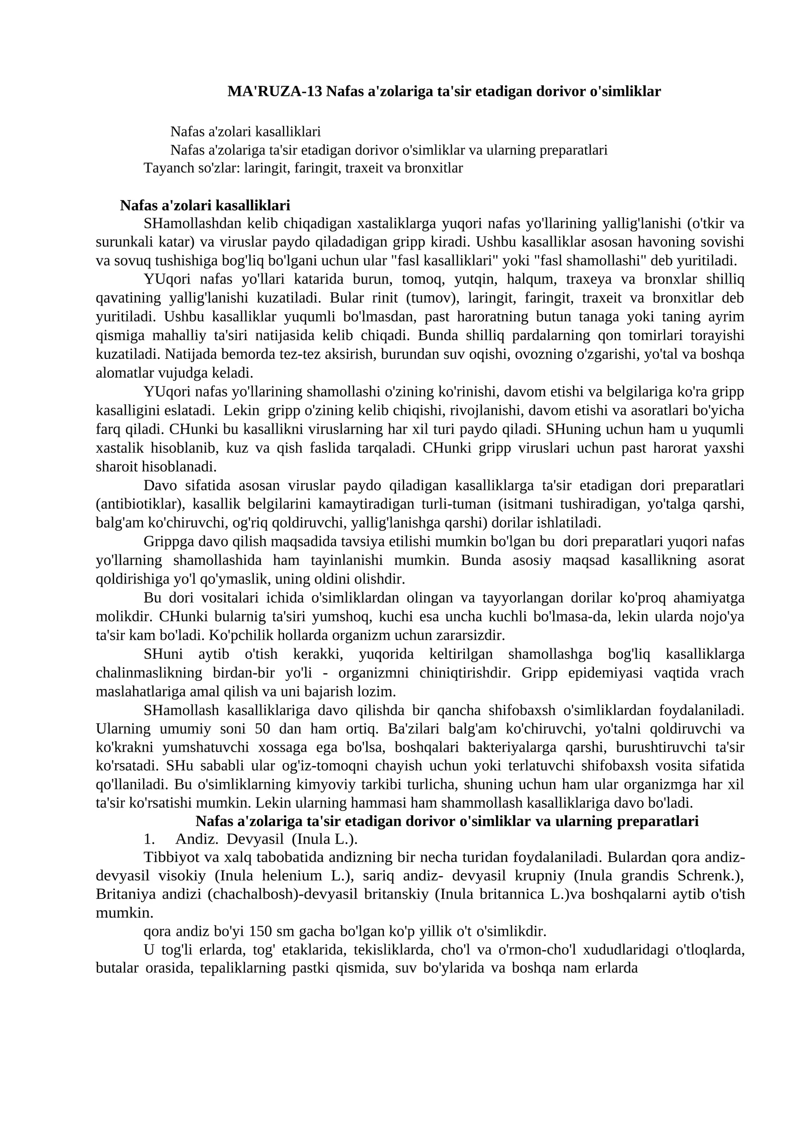 MA'RUZA-13 Nafas a'zolariga ta'sir etadigan dorivor o'simliklar