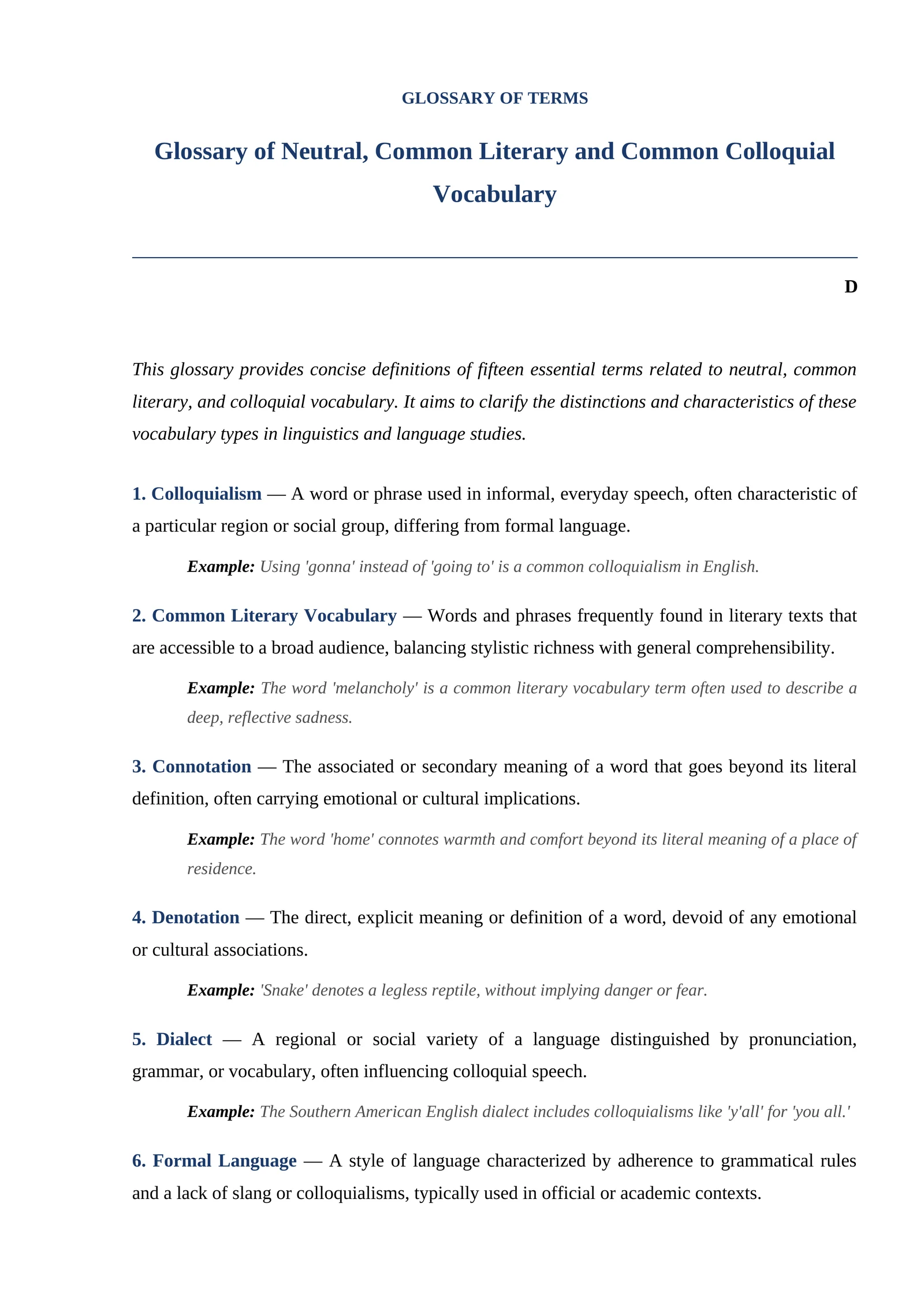 Glossary of Neutral, Common Literary and Common Colloquial Vocabulary