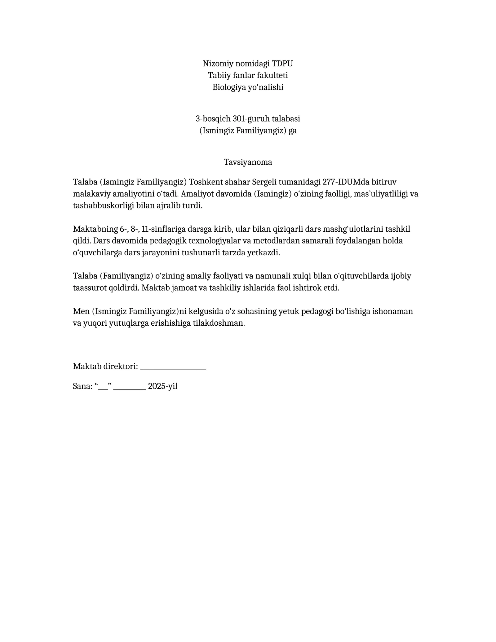 Talaba (Ismingiz Familiyangiz)ga Tavsiyanoma