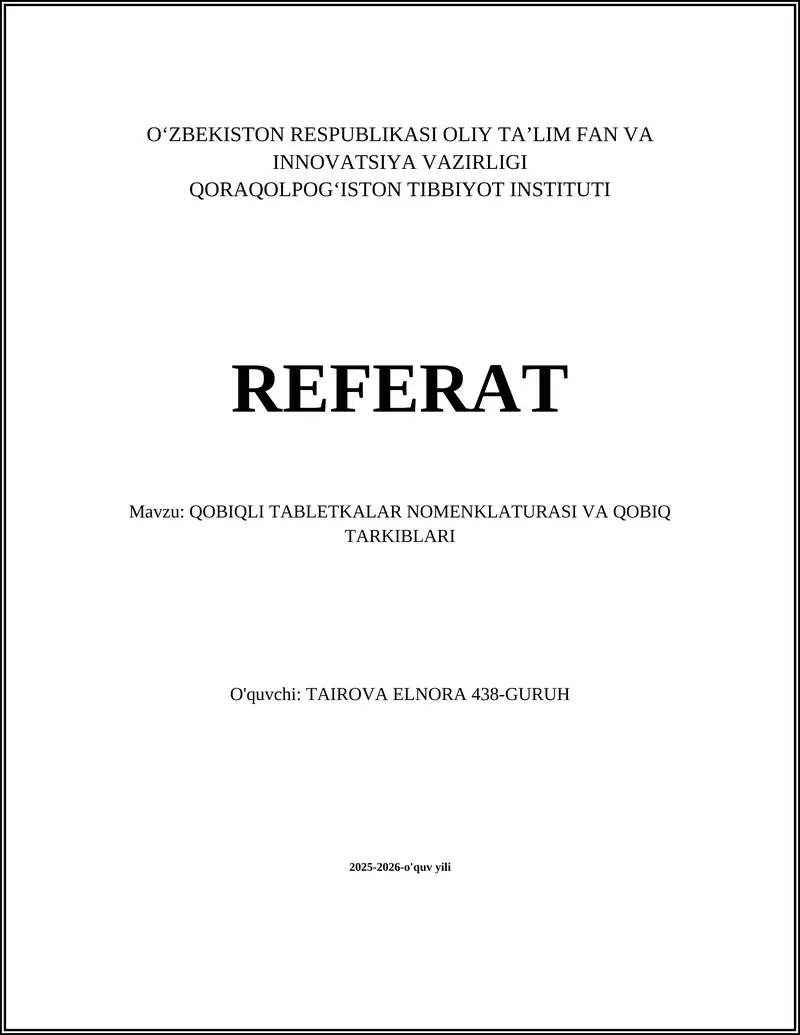 Qobiqli Tabletkalar Nomenklaturasi va Qobiq Tarkiblari