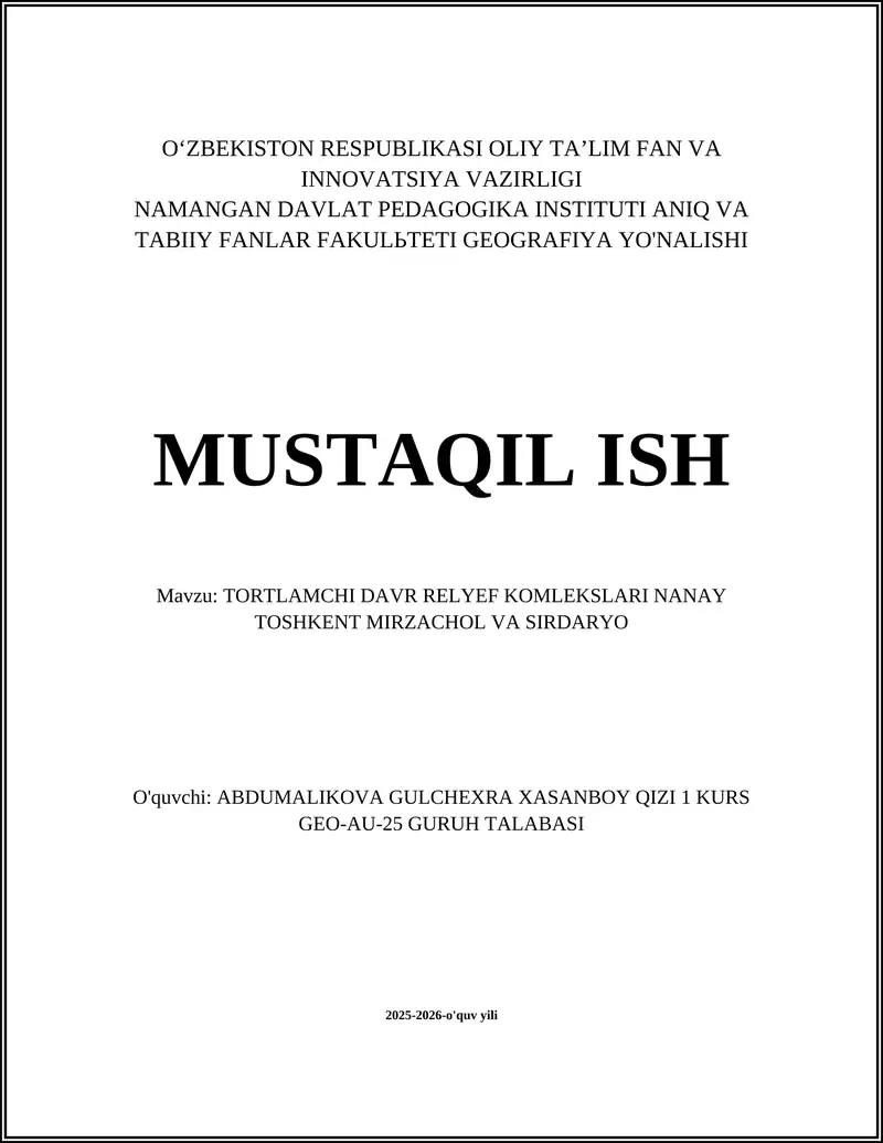TORTLAMCHI DAVR RELYEF KOMLEKSLARI NANAY TOSHKENT MIRZACHOL VA SIRDARYO
