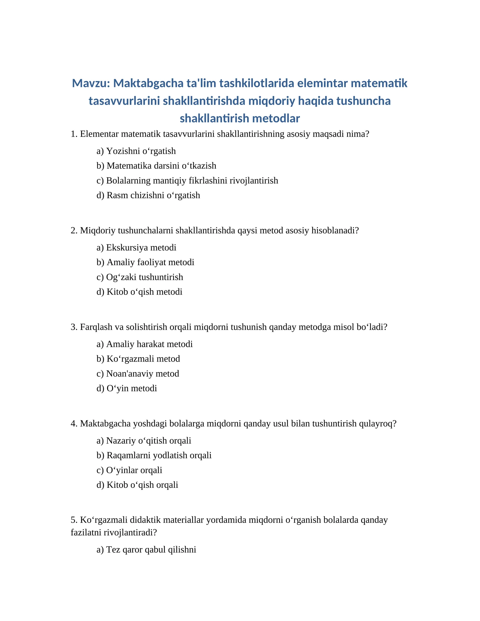Maktabgacha ta'lim tashkilotlarida elemintar matematik tasavvurlarini shakllantirishda miqdoriy haqida tushuncha shakllantirish metodlar