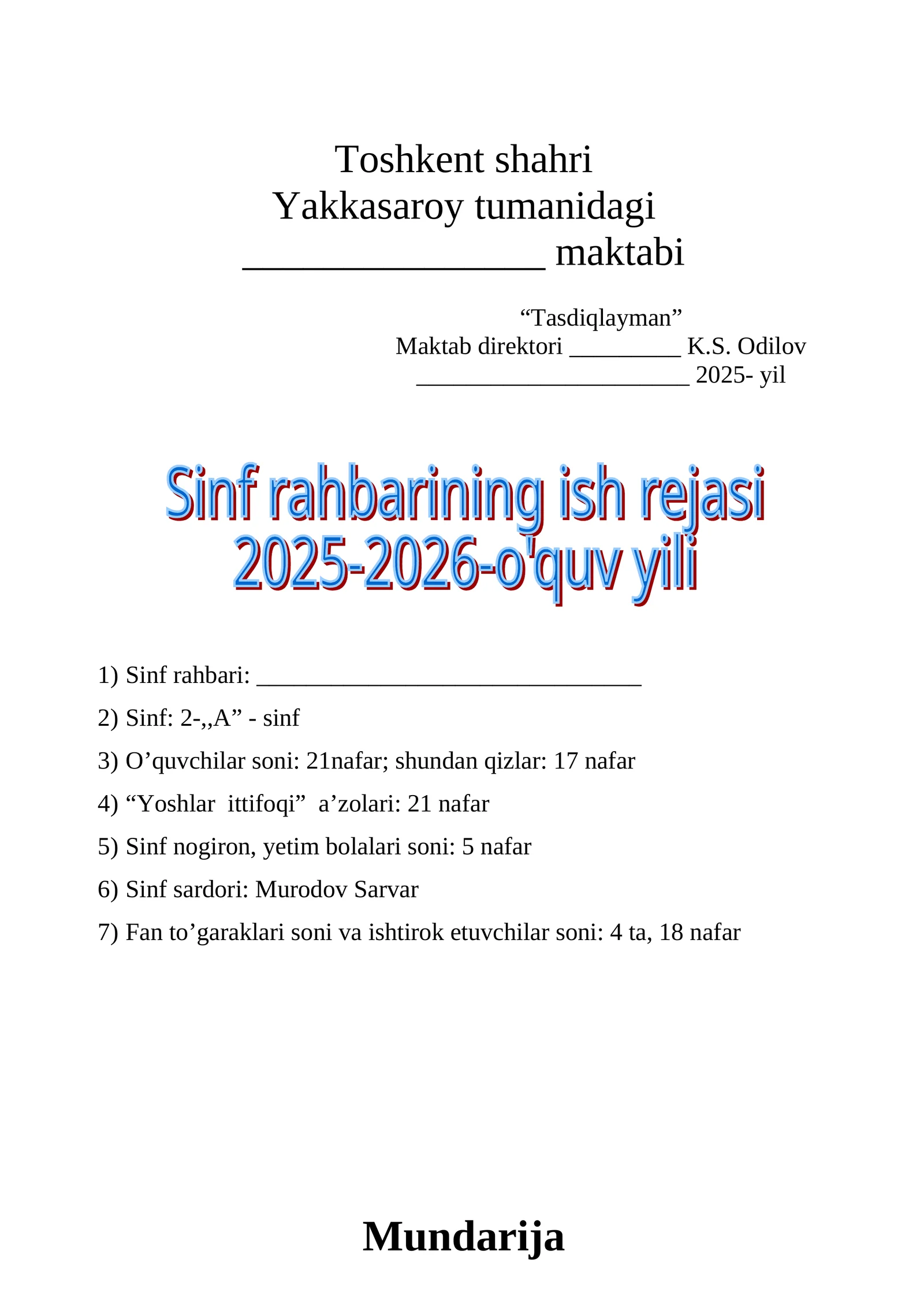 Sinf rahbari ish rejalari (NAMUNA)