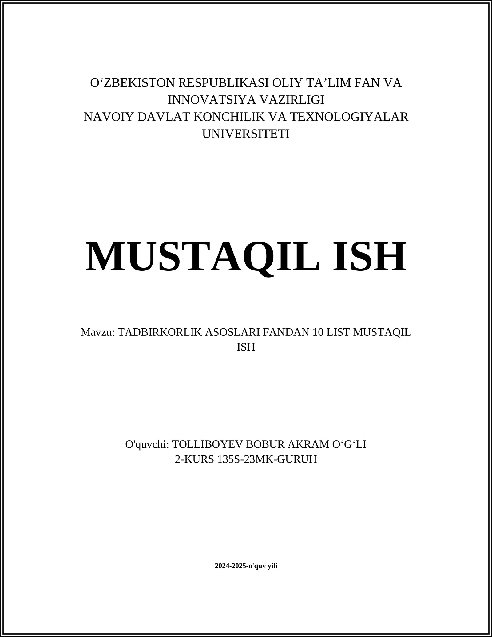 TADBIRKORLIK ASOSLARI FANDAN 10 LIST MUSTAQIL ISH